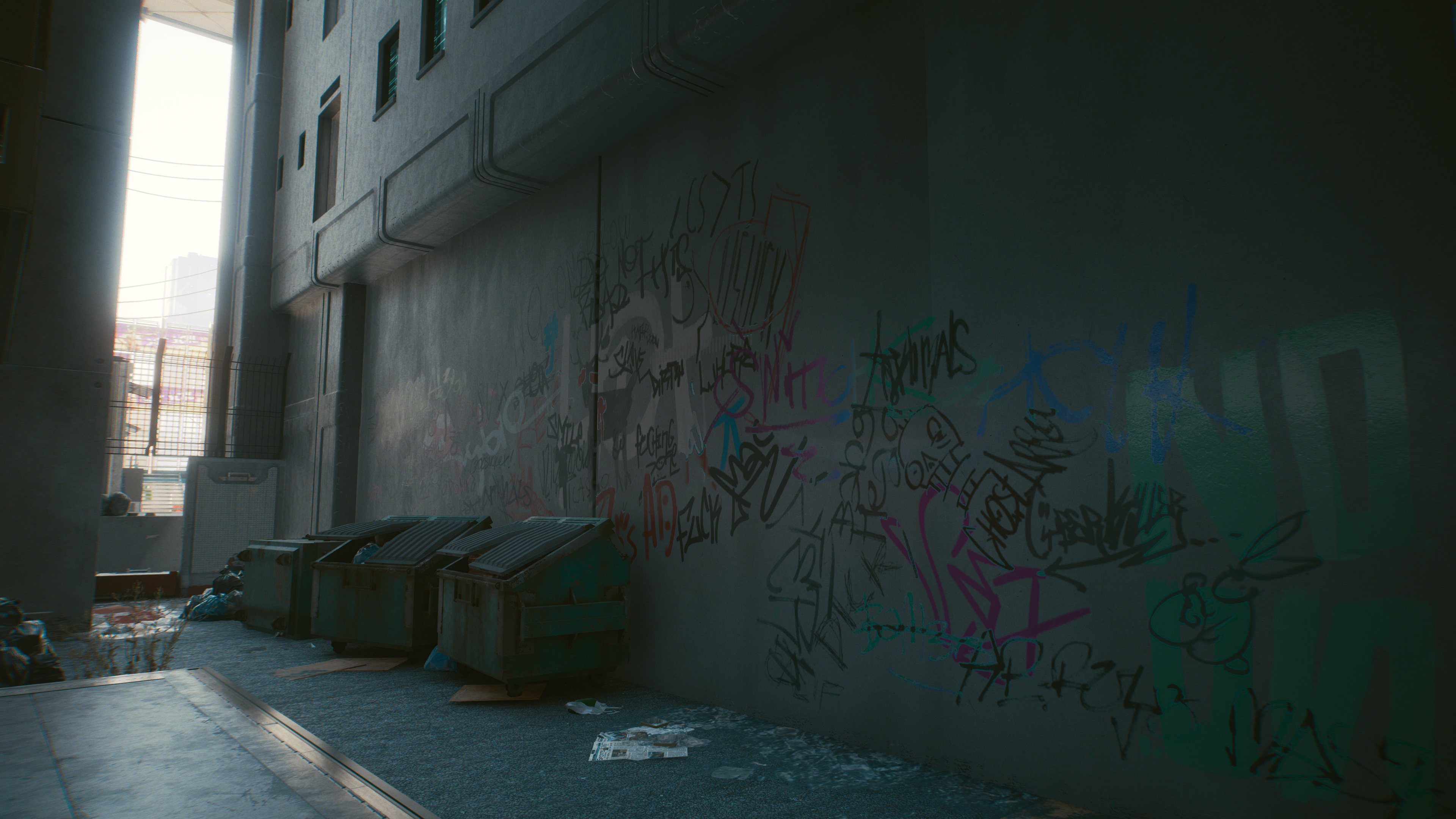 Cyberpunk 2077 alley with graffiti and dumpsters HD Wallpaper