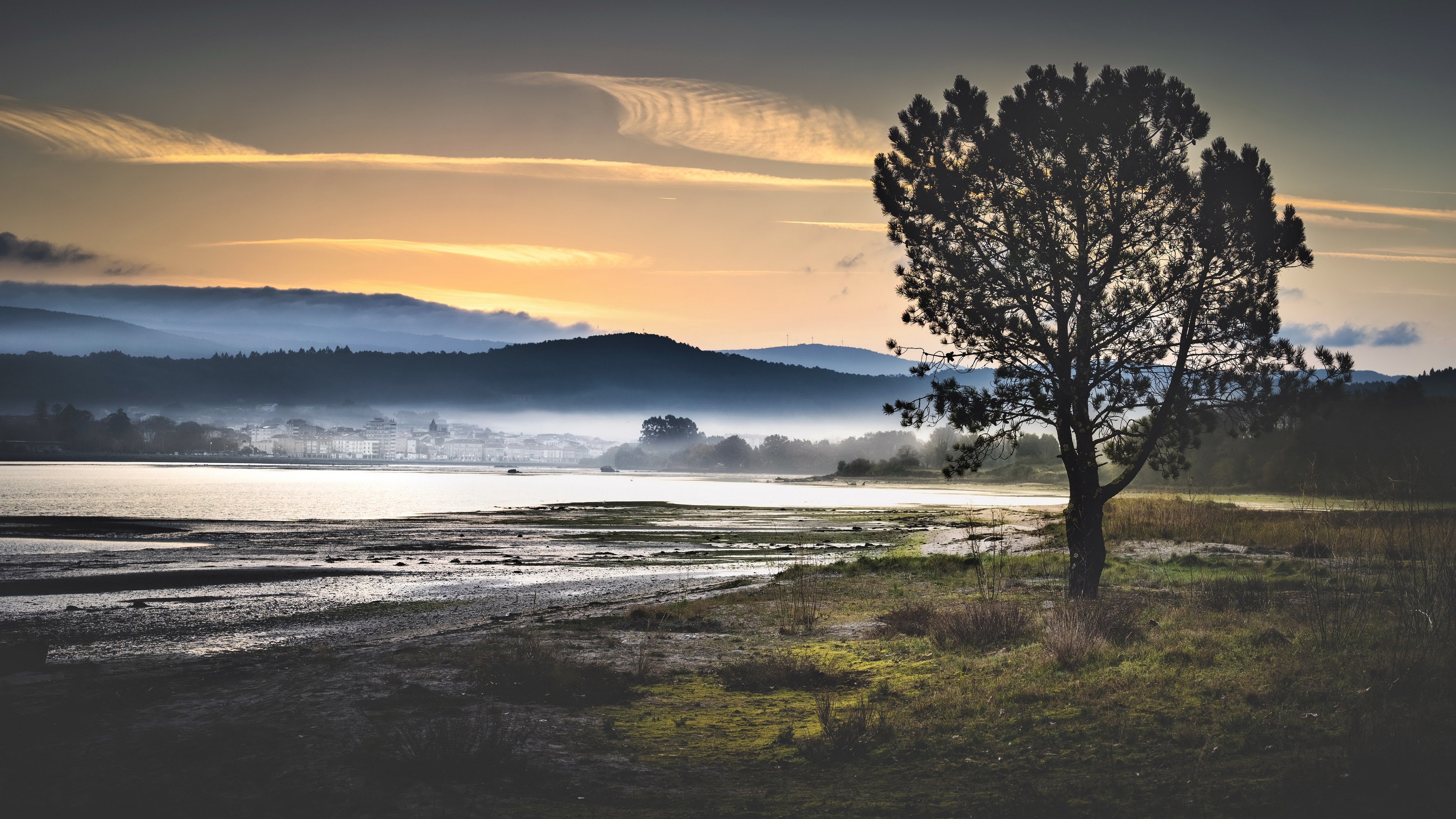 4K landscape with orange sky and trees HD Wallpaper