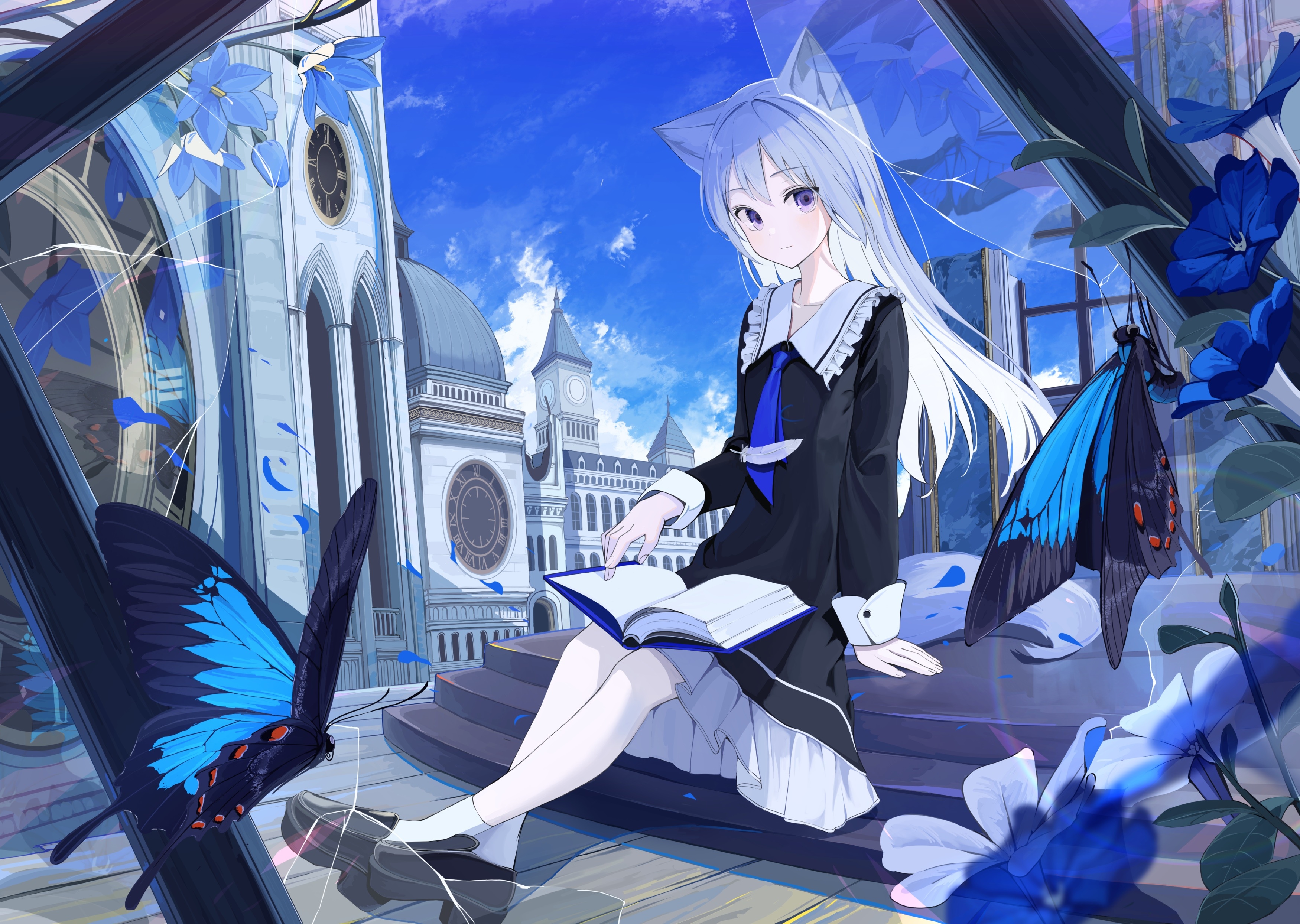 Anime fox girl reading a book with butterflies HD Wallpaper
