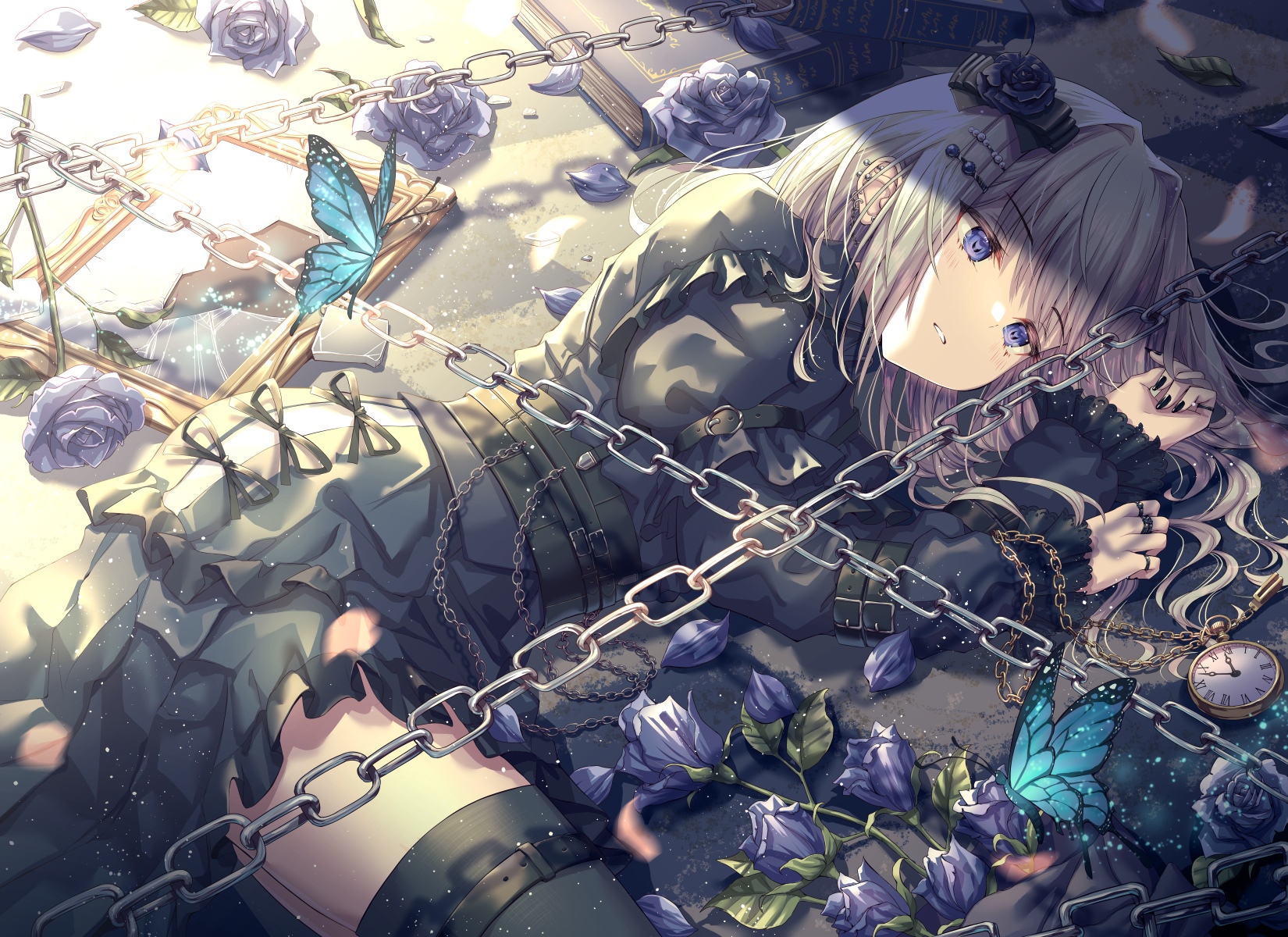 Girl with gray hair and blue eyes chained among roses HD Wallpaper