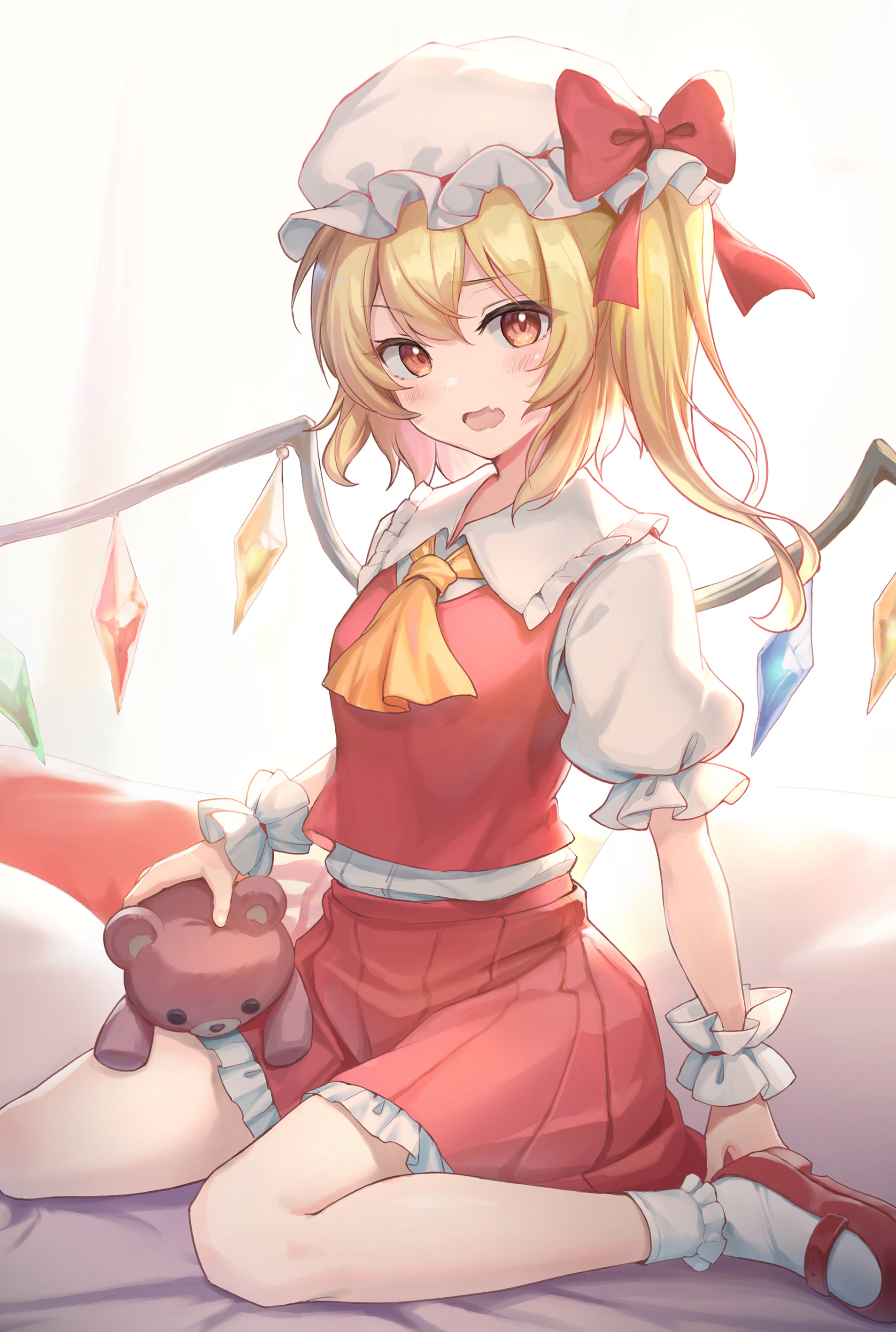 Flandre Scarlet holding a teddy bear HD Phone Wallpaper