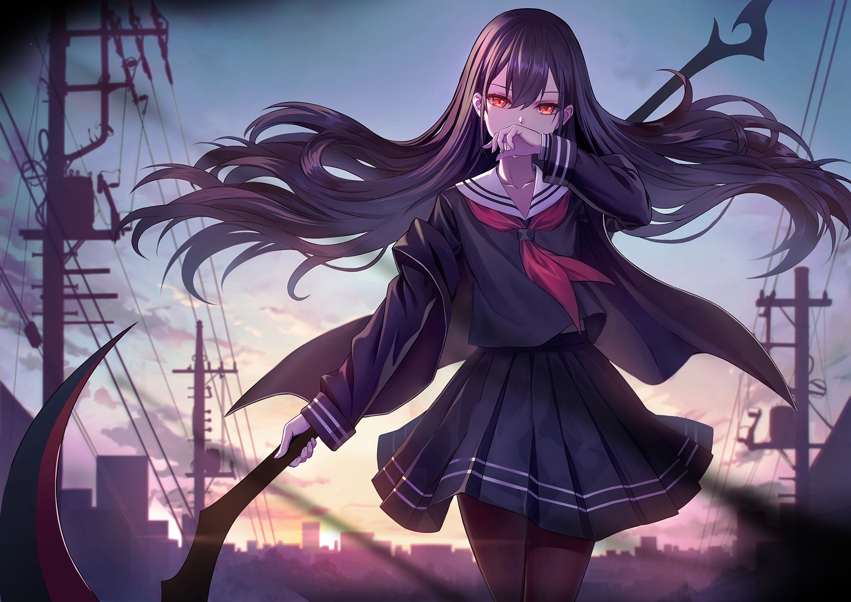 Girl with scythe in a school uniform HD Wallpaper