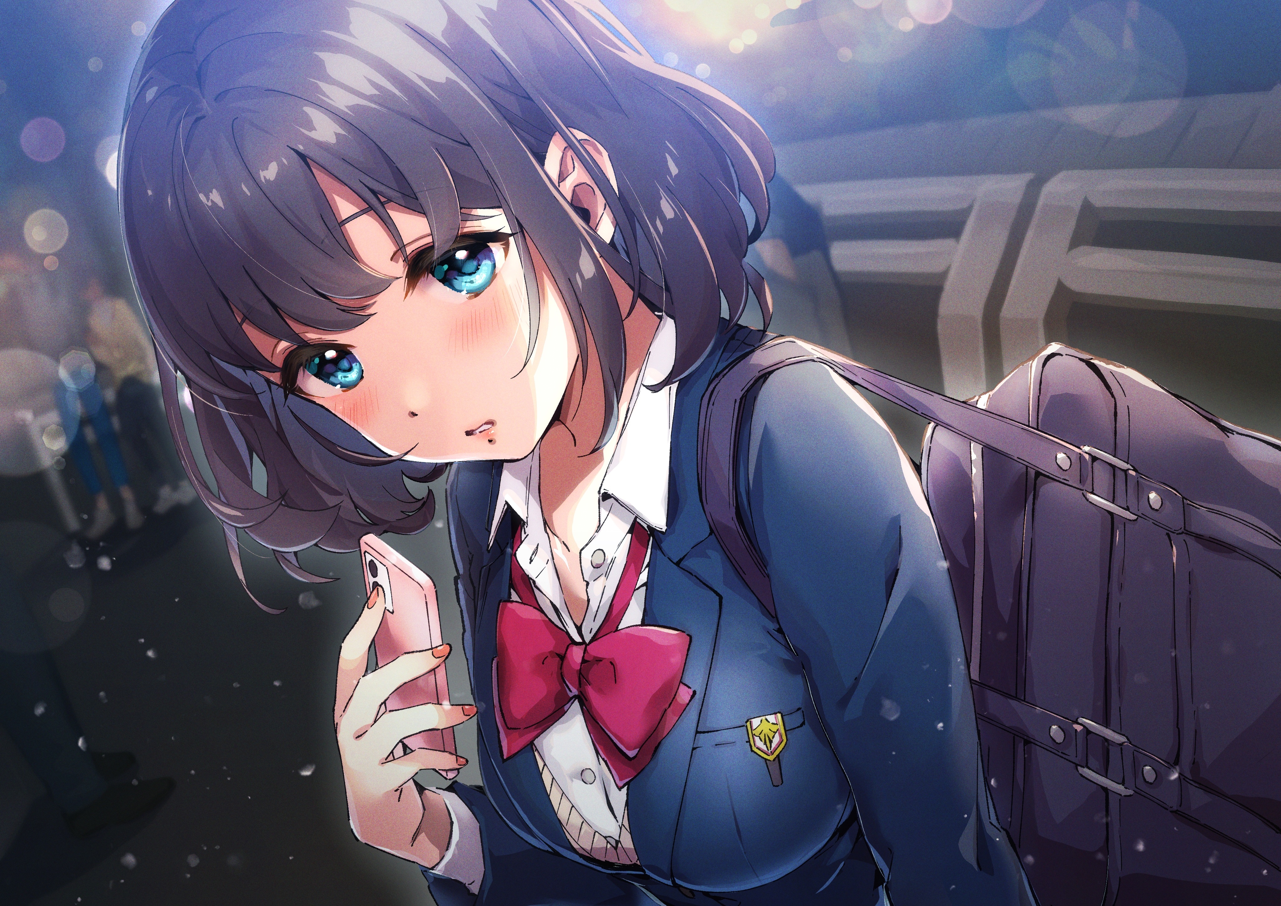 Girl in school uniform holding a phone HD Wallpaper