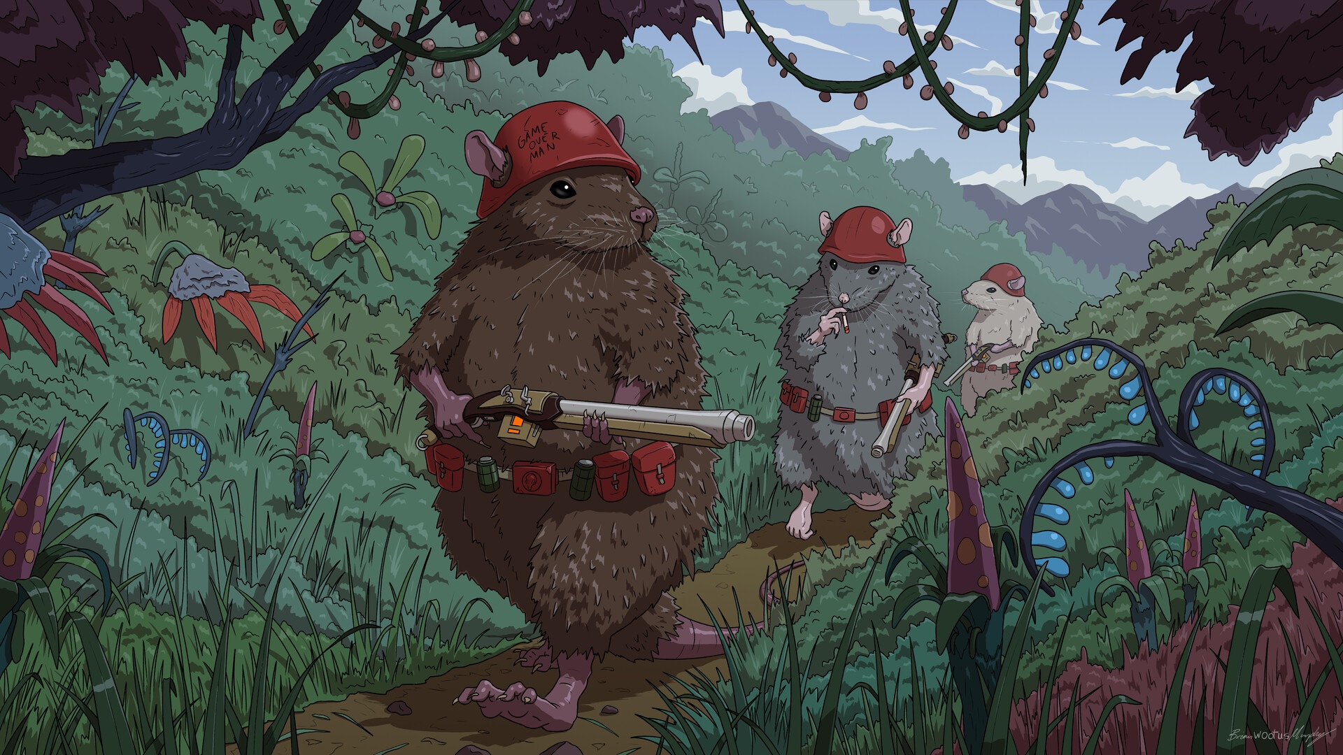 Rats in military gear with guns in a forest HD Wallpaper