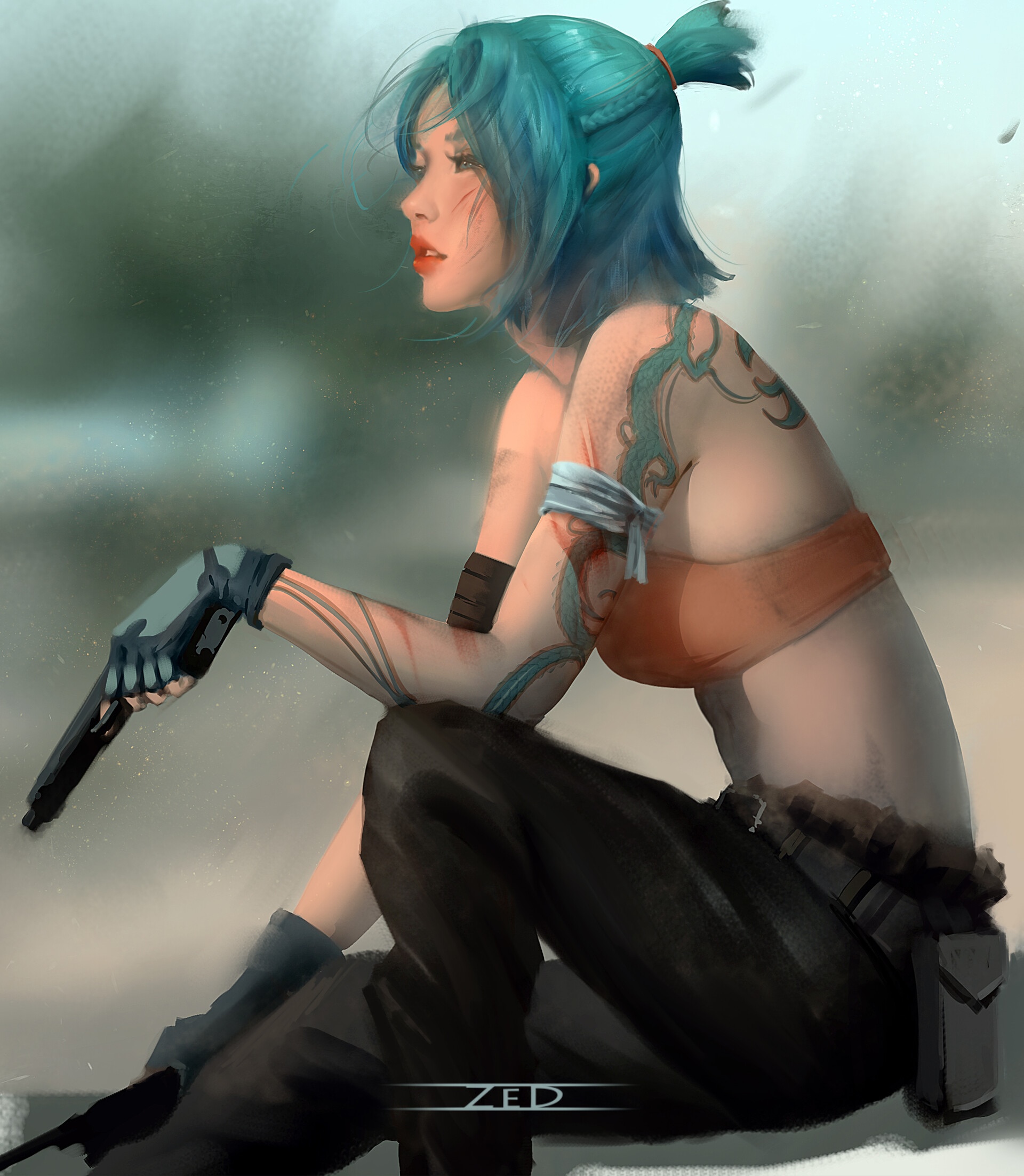 Woman with blue hair and tattoos holding a gun HD Phone Wallpaper