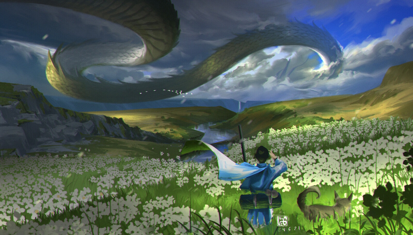 Fantasy landscape with a dragon and a traveler HD Wallpaper