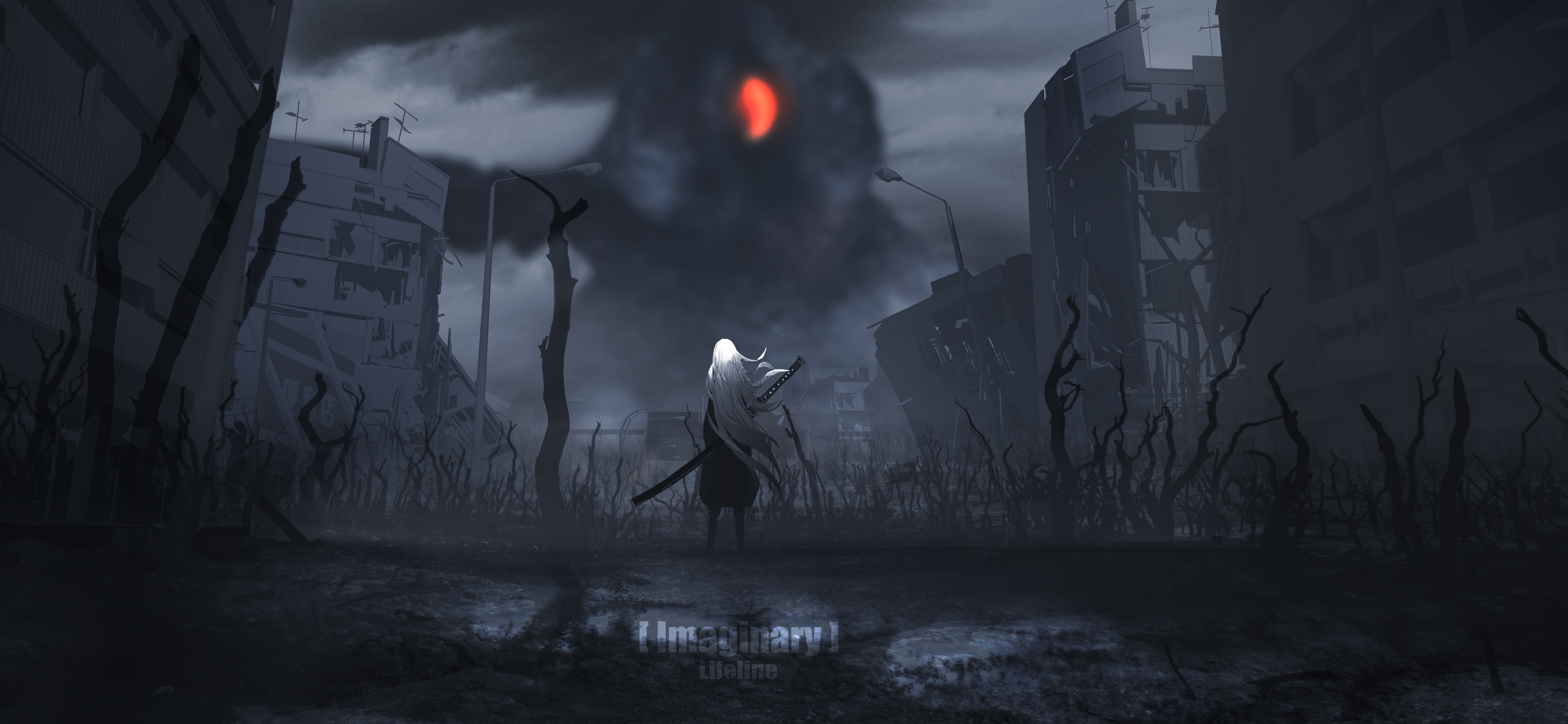Lifeline in ruined city with giant red eye in sky HD Wallpaper