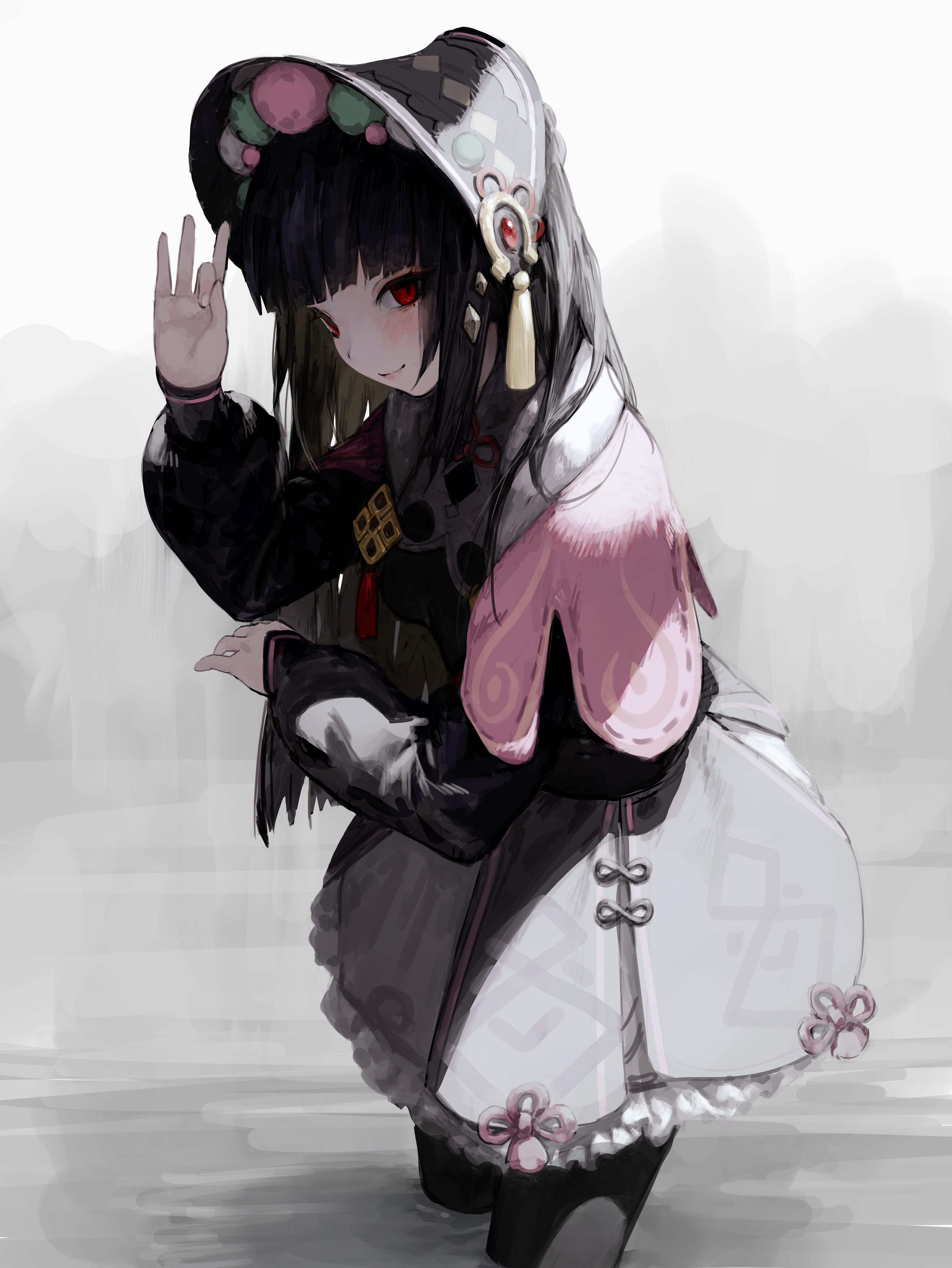 4K anime girl with red eyes and ornate hat HD Phone Wallpaper