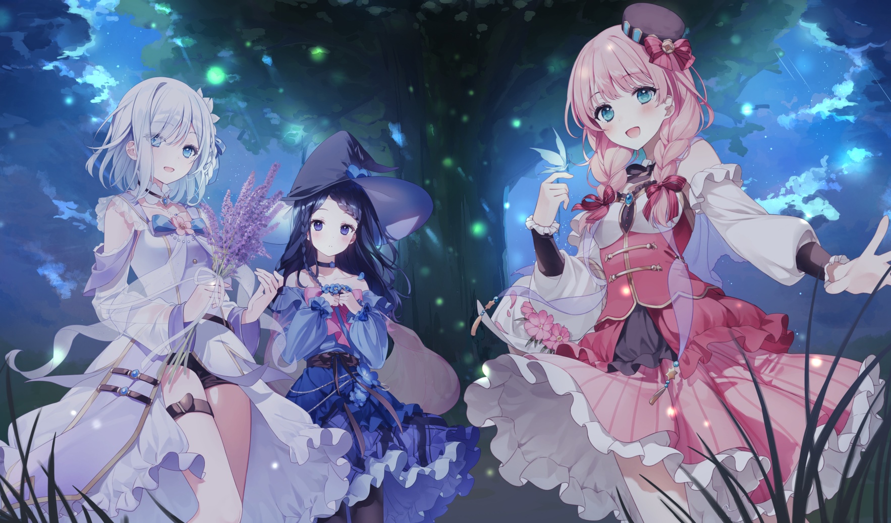 Three anime girls in a magical forest HD Wallpaper