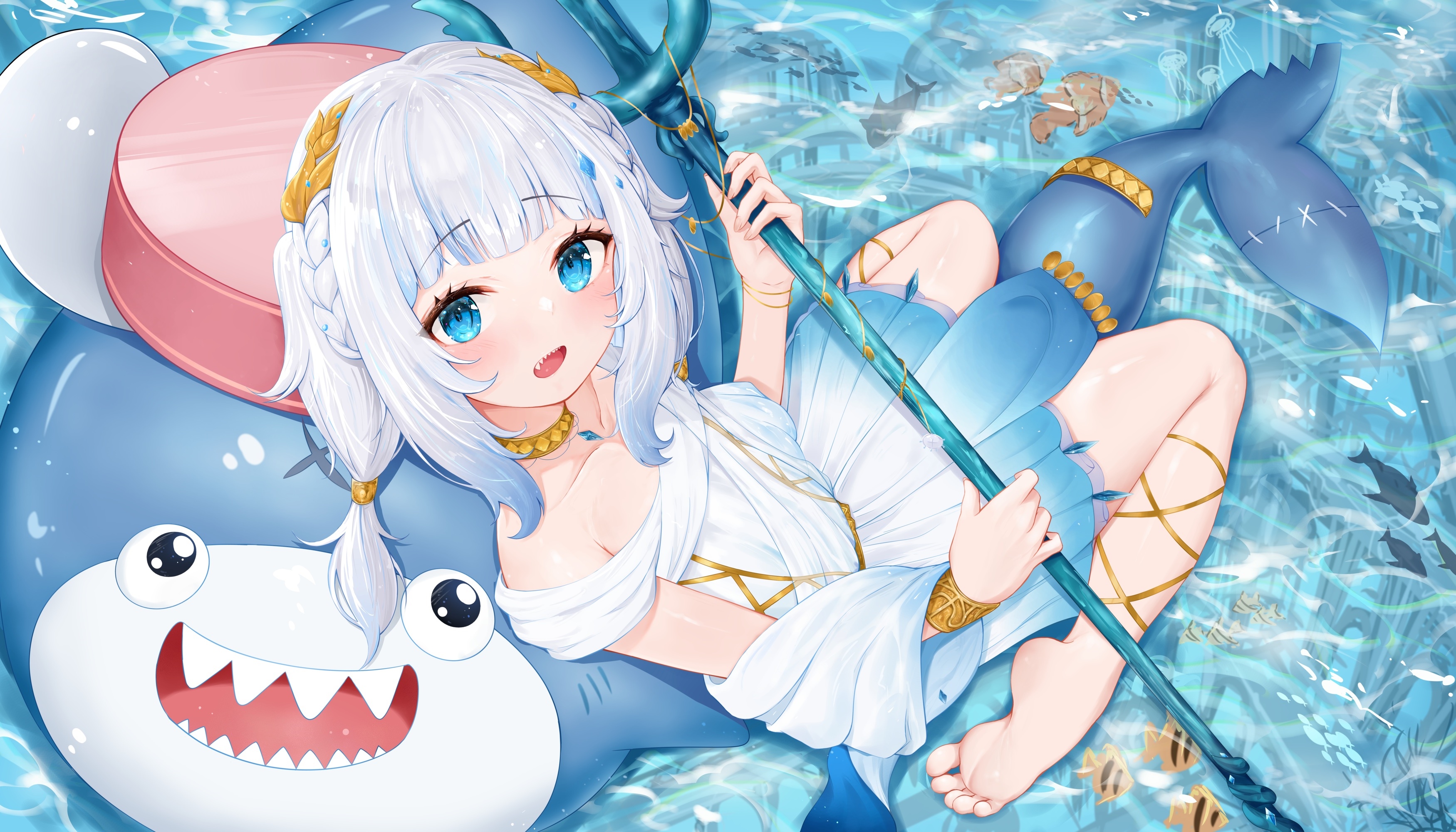 Gawr Gura with a shark float and trident HD Wallpaper