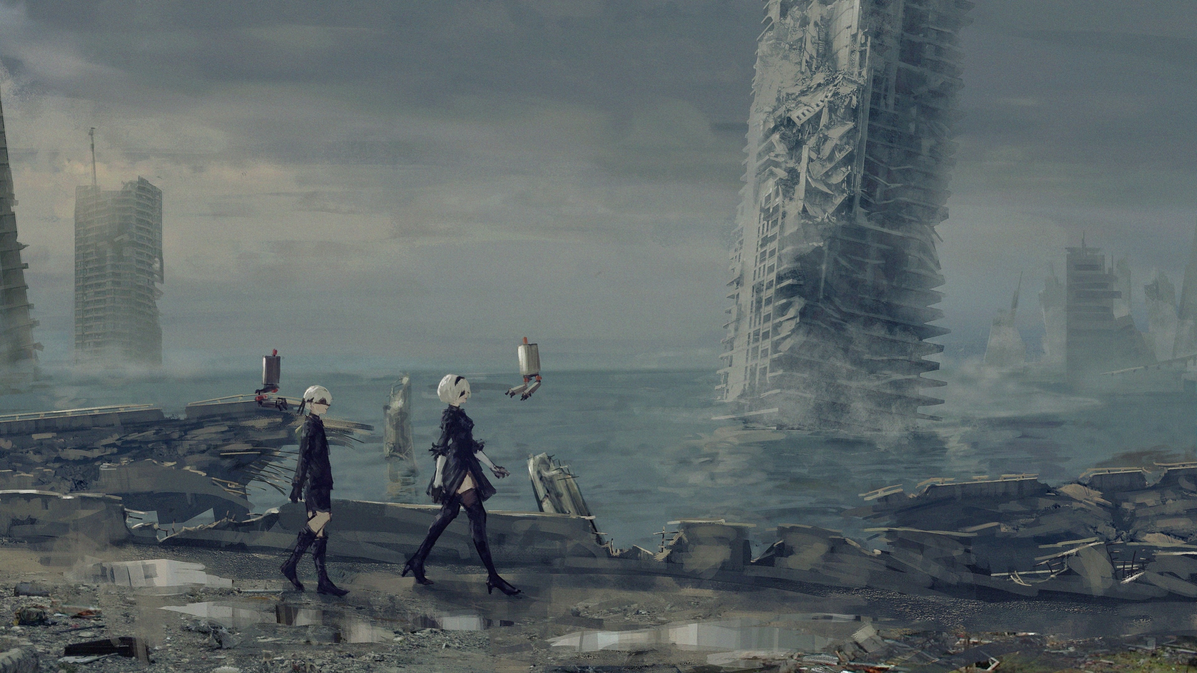 Nier: Automata 2B and 9S in a ruined city HD Wallpaper