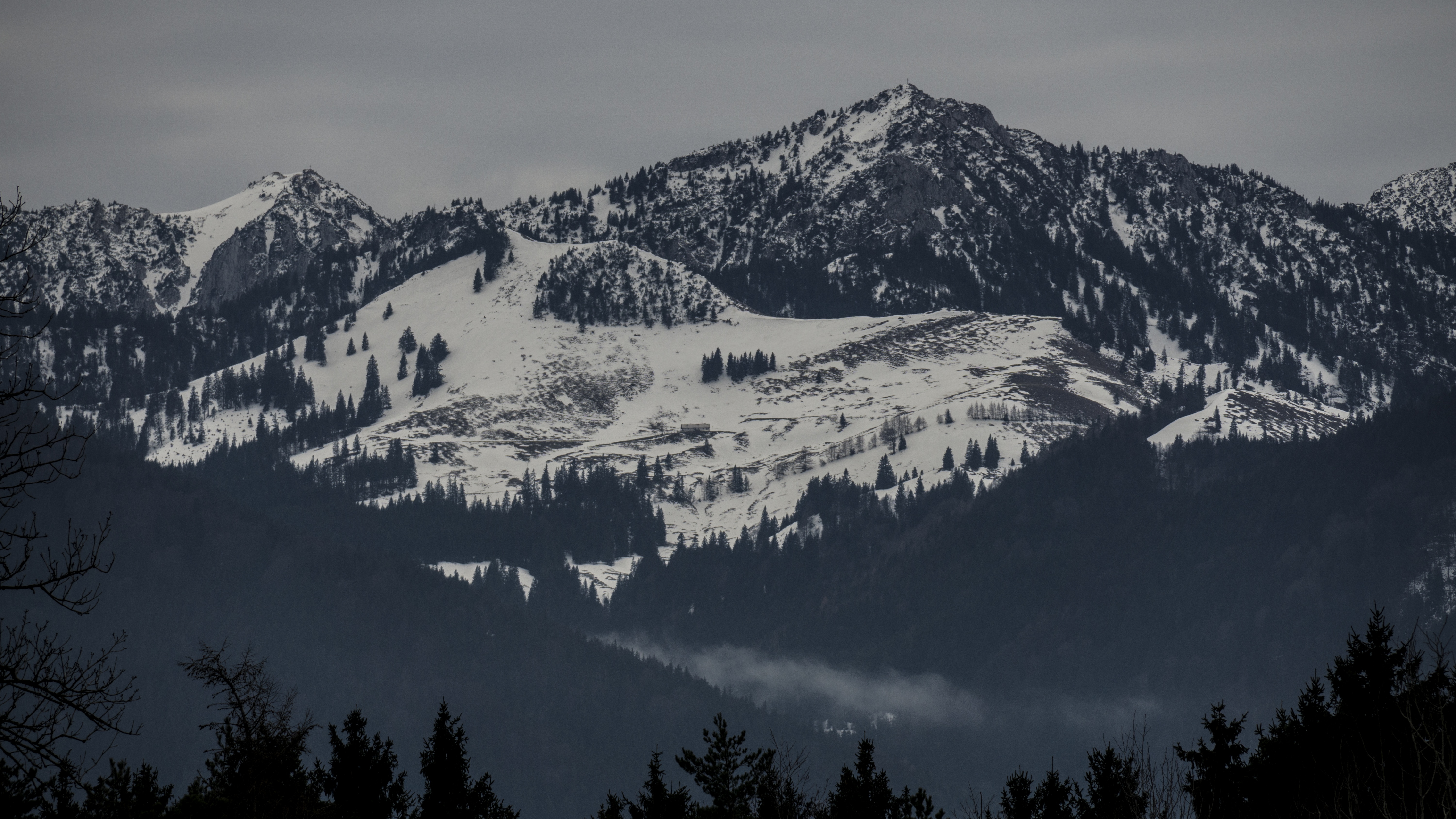 Snowy mountain landscape with evergreen trees under overcast sky HD Wallpaper