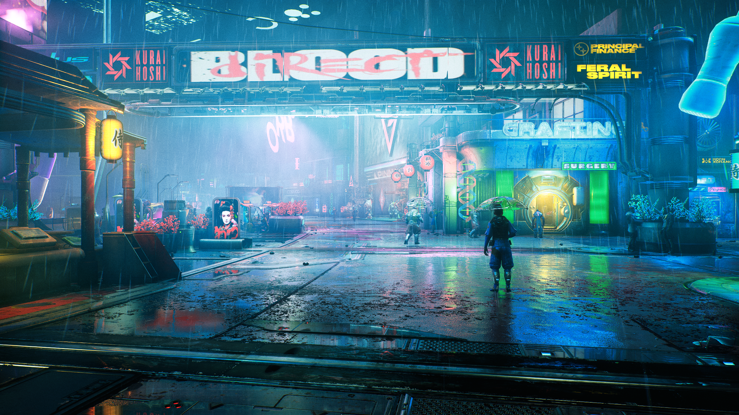 Cyberpunk street scene in The Ascent HD Wallpaper