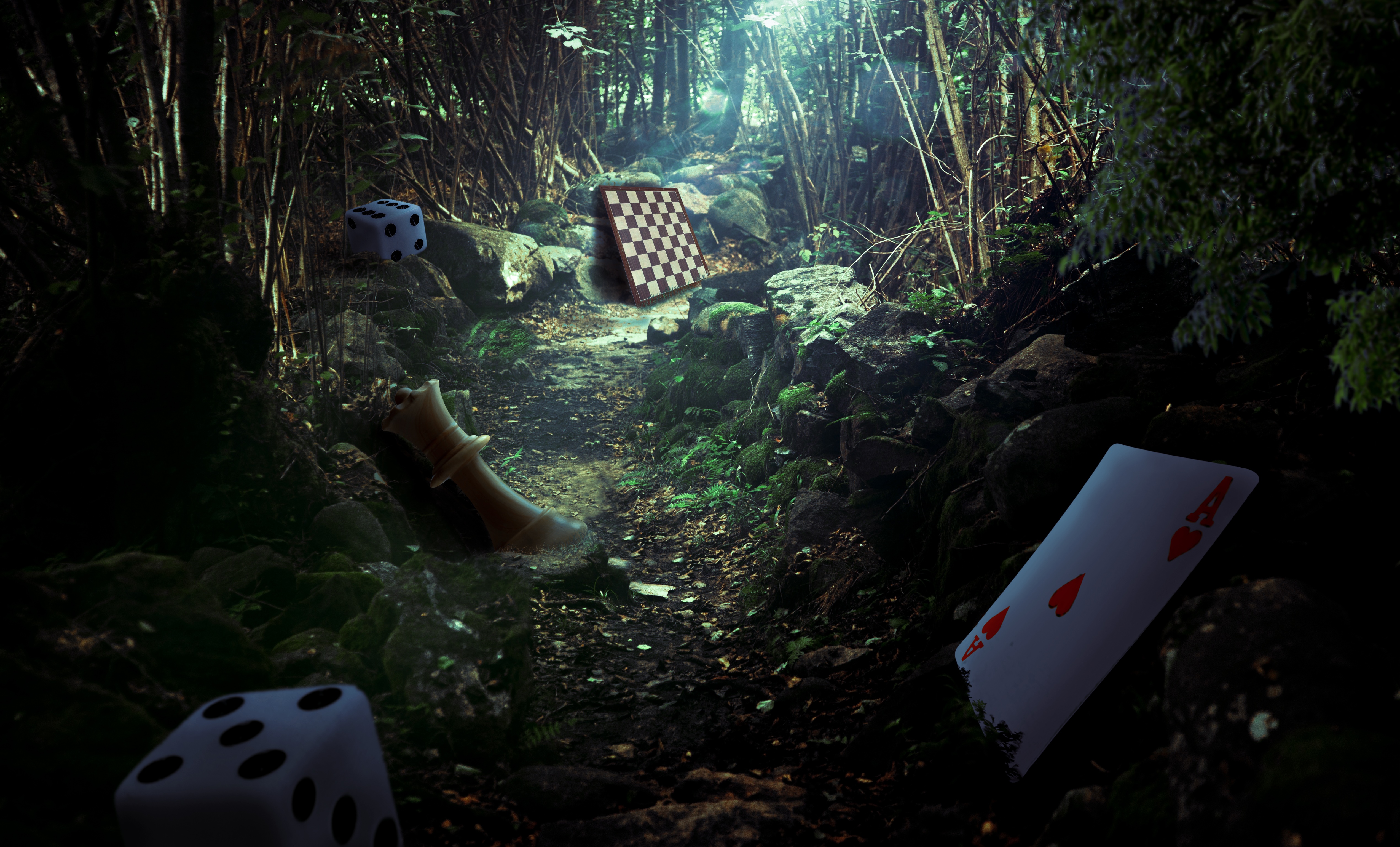 Forest path with dice, chess, and playing cards HD Wallpaper
