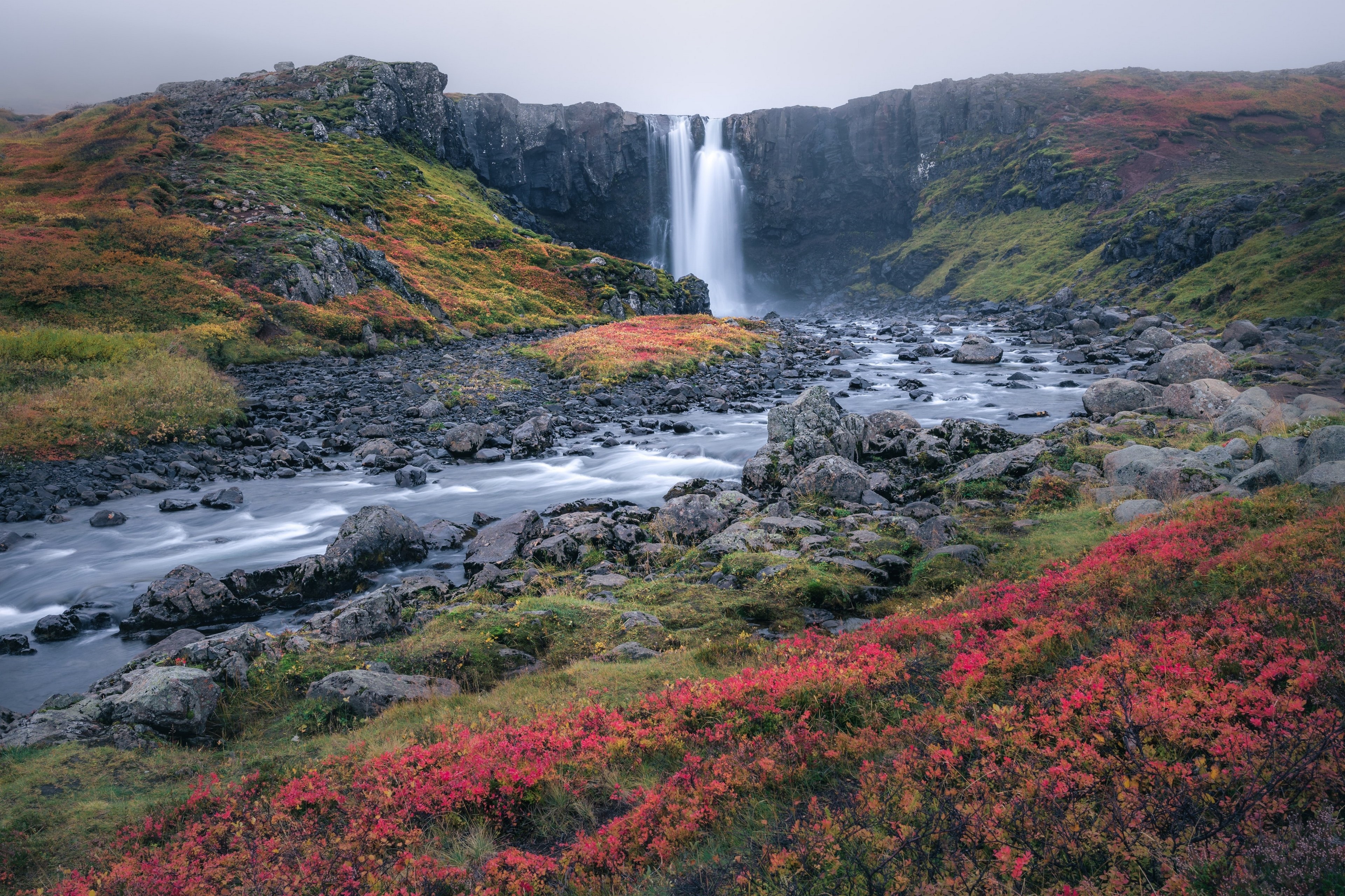 Waterfall in Iceland with Autumn Foliage HD Wallpaper