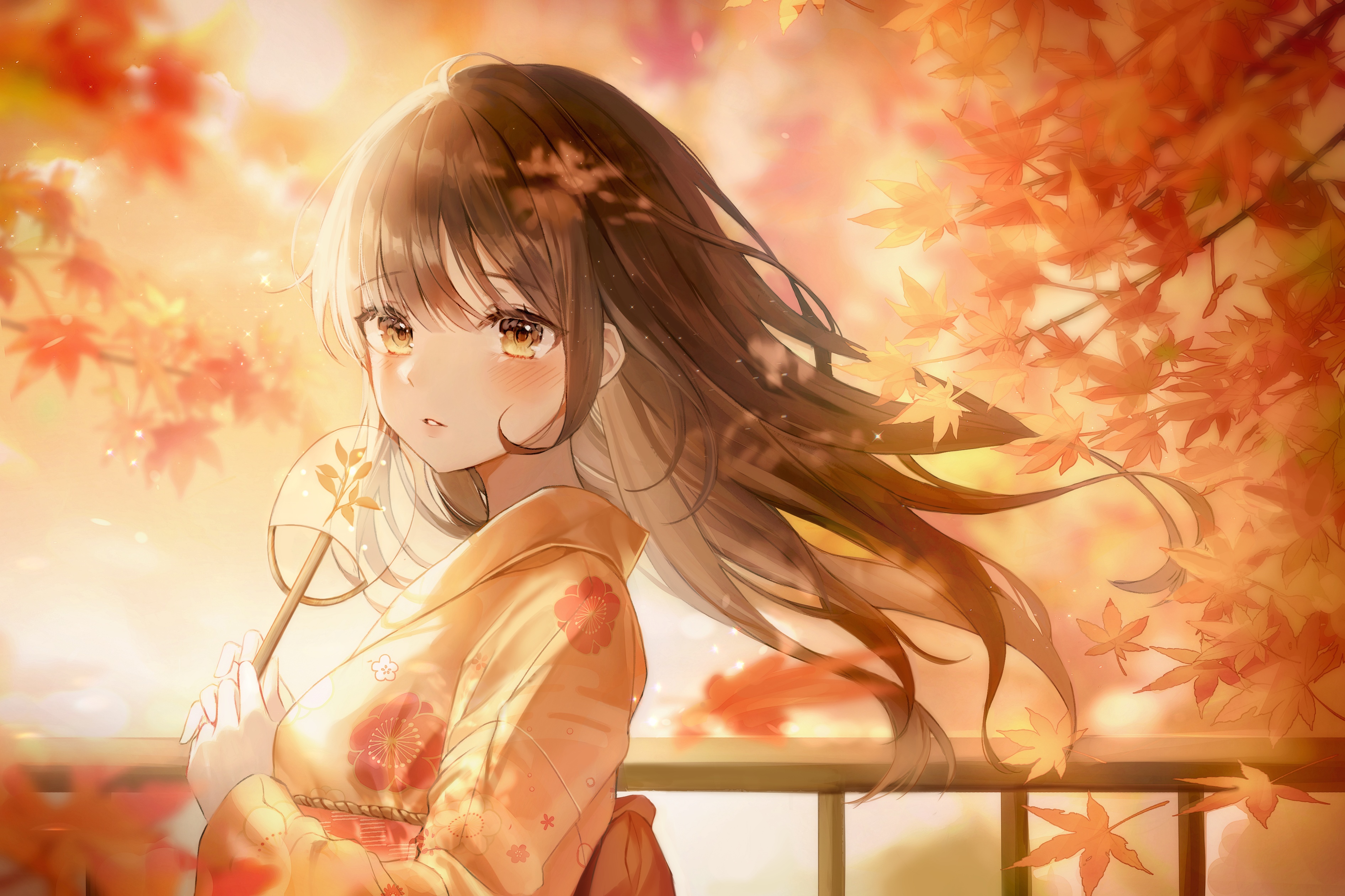 Anime girl in kimono with fan and autumn leaves HD Wallpaper