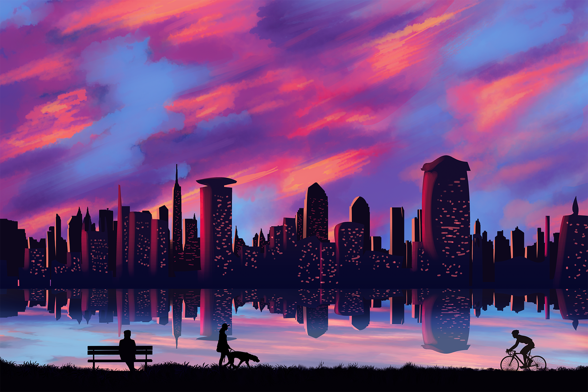 Nairobi skyline at sunset with people by the lake HD Wallpaper