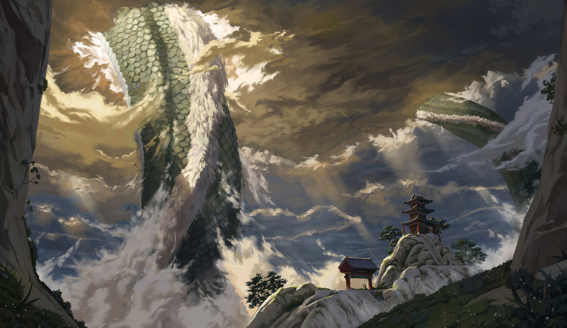 Giant dragon in clouds near Asian architecture HD Wallpaper