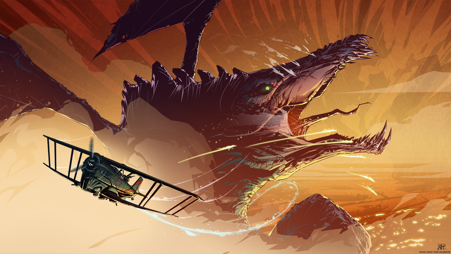 Dragon attacking a biplane in a fantasy landscape HD Wallpaper