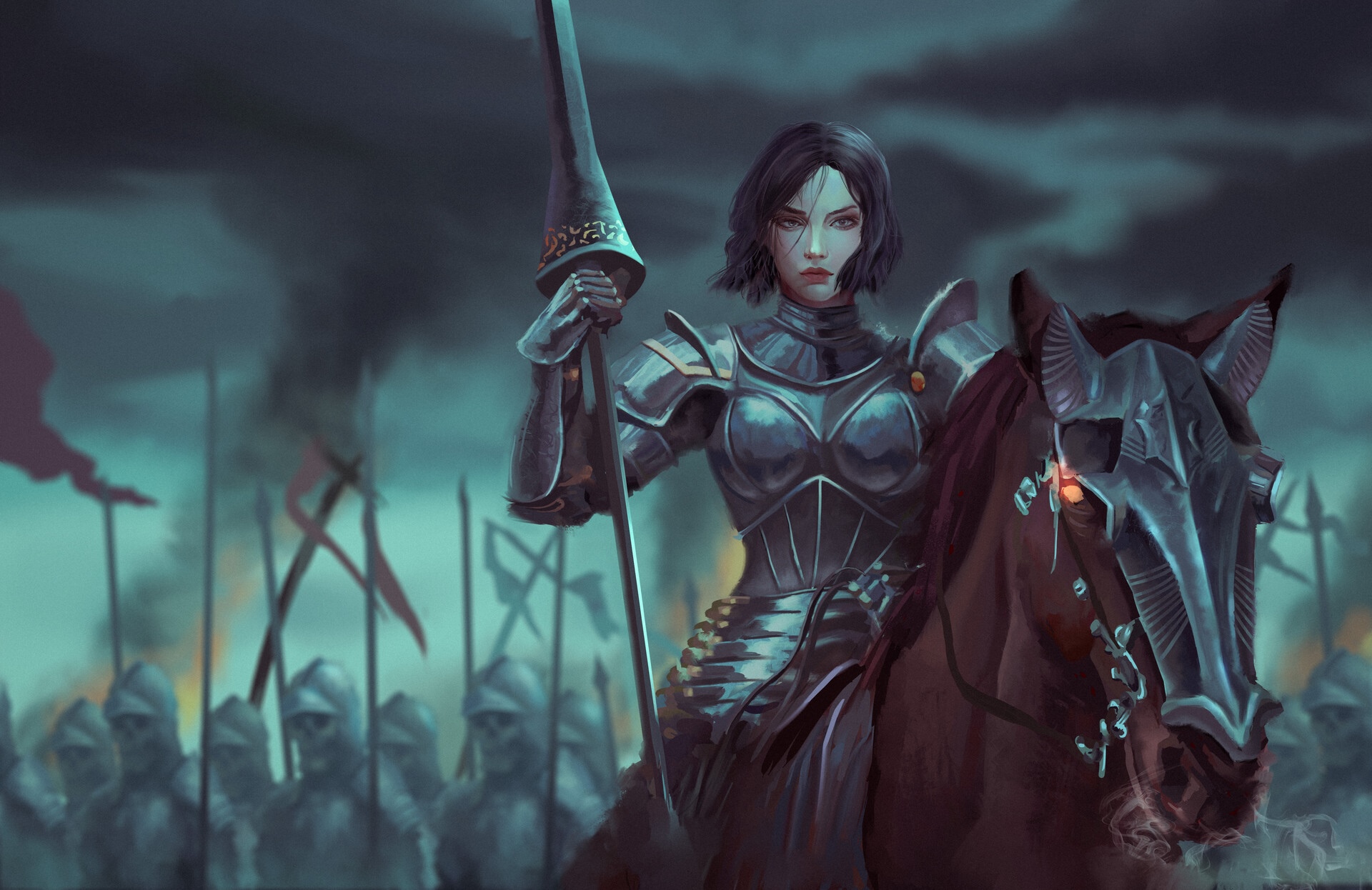 Woman in armor on horseback with army in background HD Wallpaper