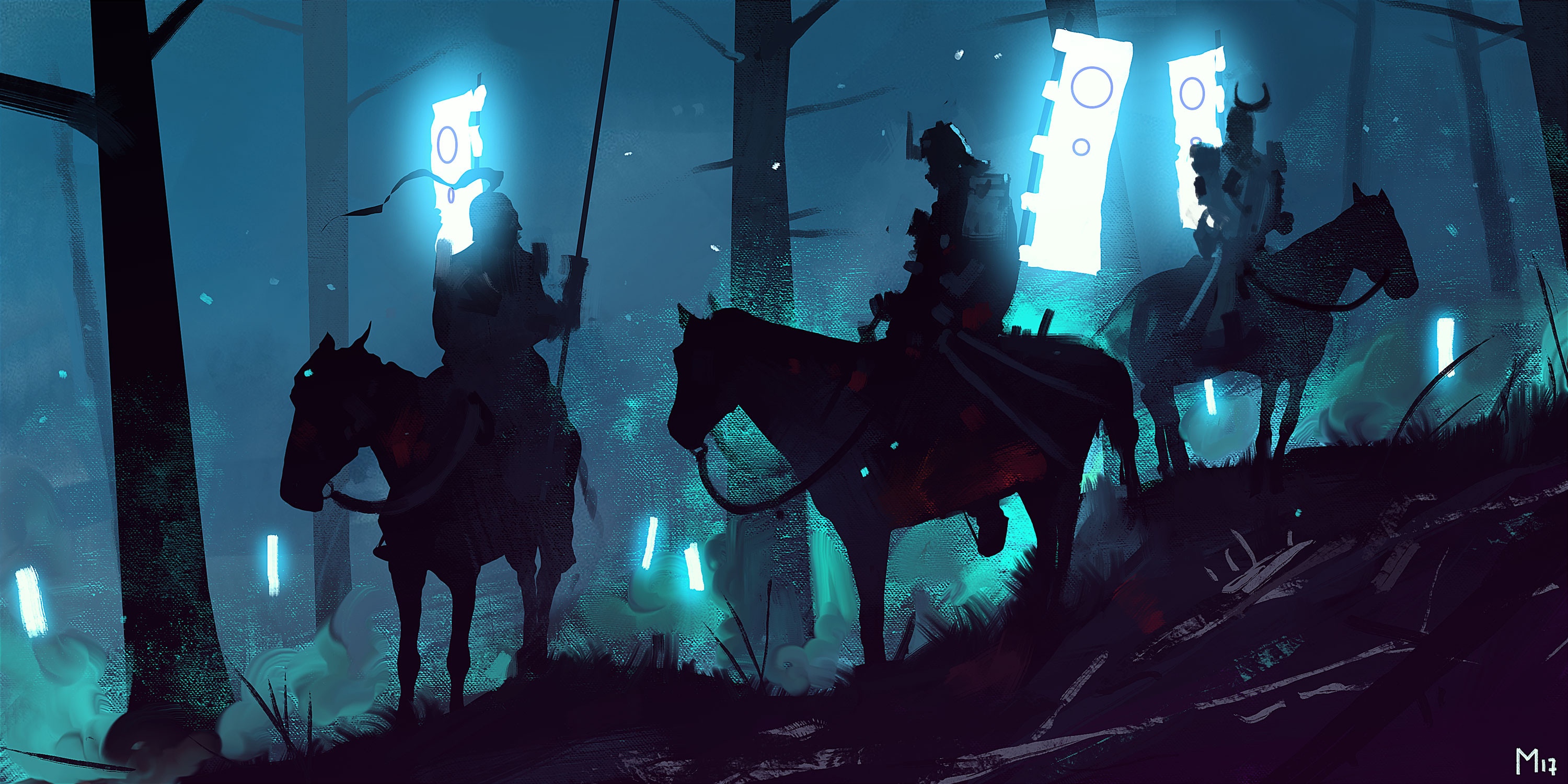 Three knights on horseback in a glowing forest HD Wallpaper