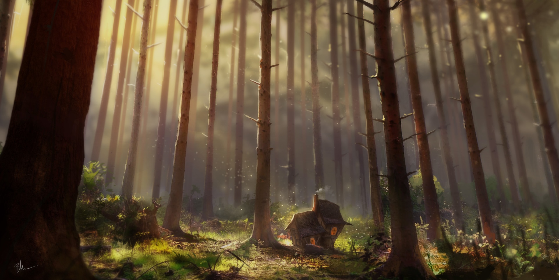 Fantasy art of a cabin in a sunlit forest HD Wallpaper