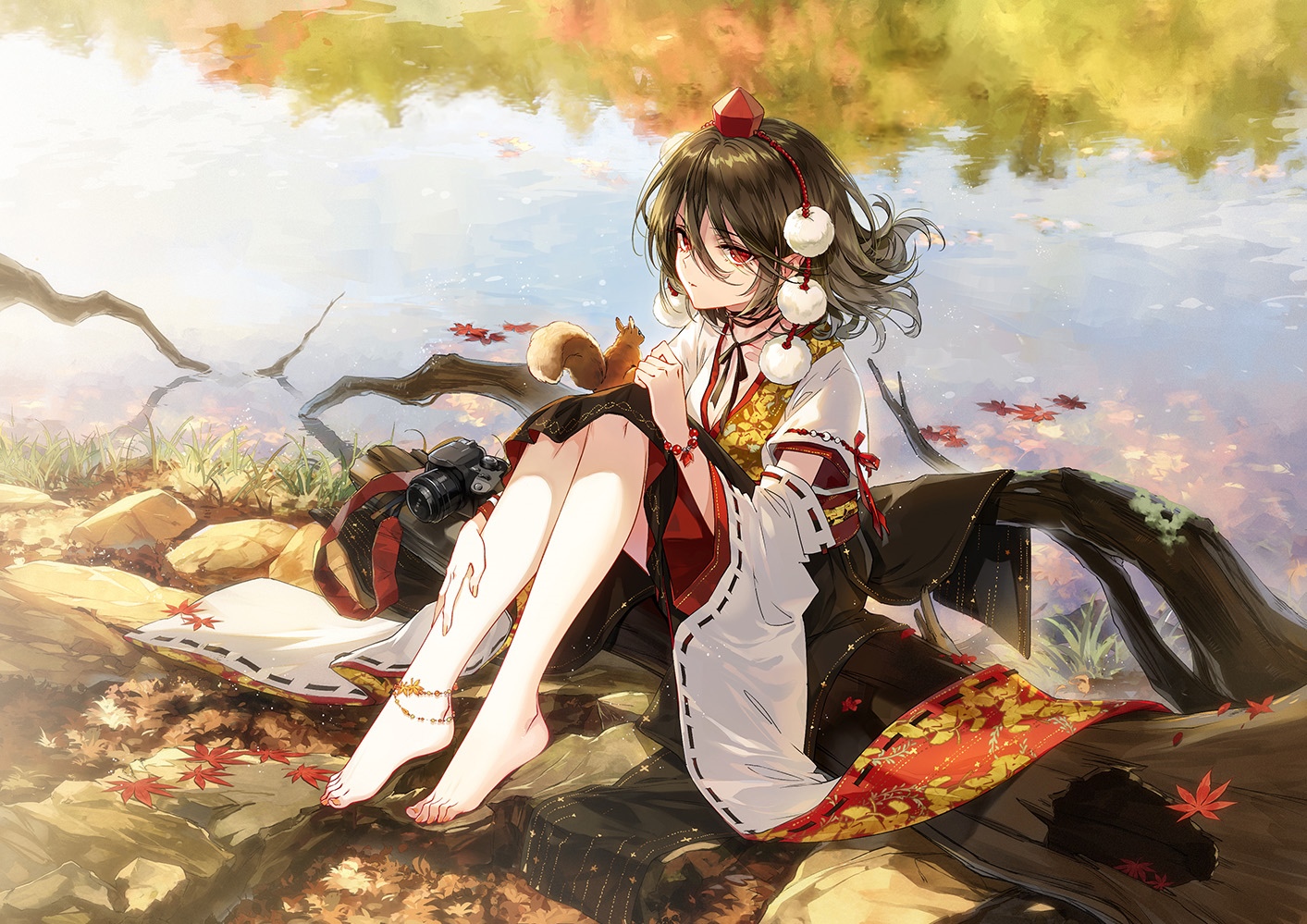 Aya Shameimaru in Japanese clothes with a squirrel HD Wallpaper