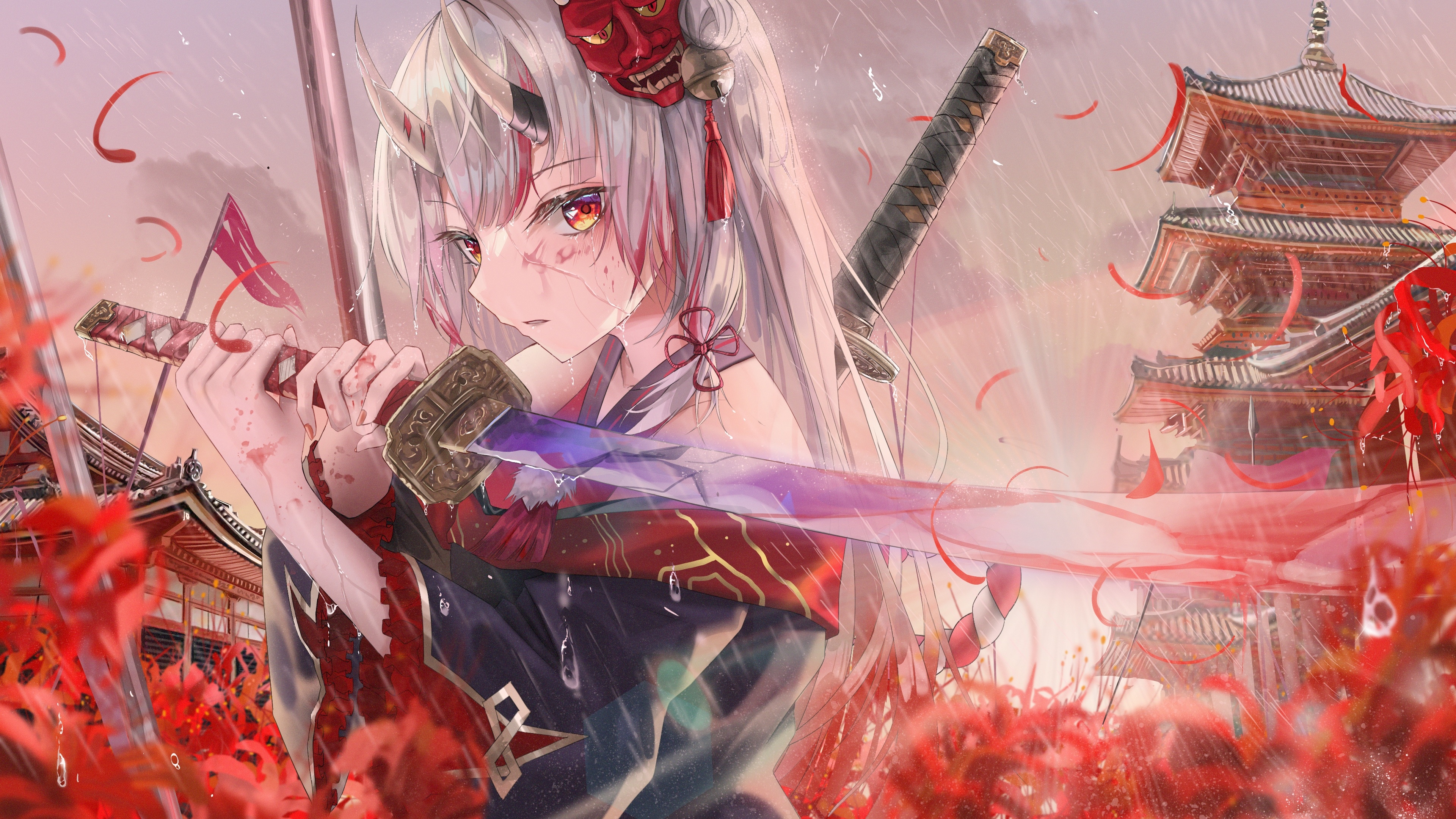4K Nakiri Ayame with Oni Horns and Katana in Rain HD Wallpaper
