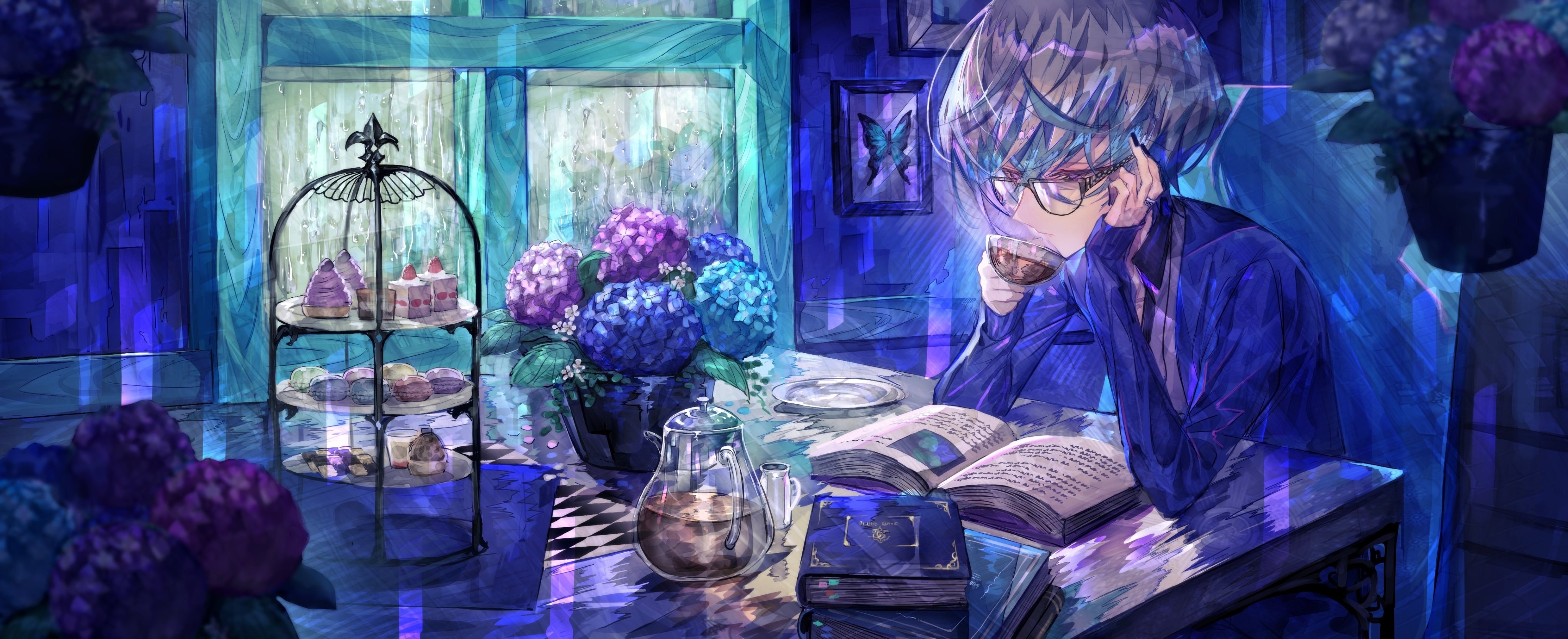 Mura Karuki artwork with a man drinking tea HD Wallpaper
