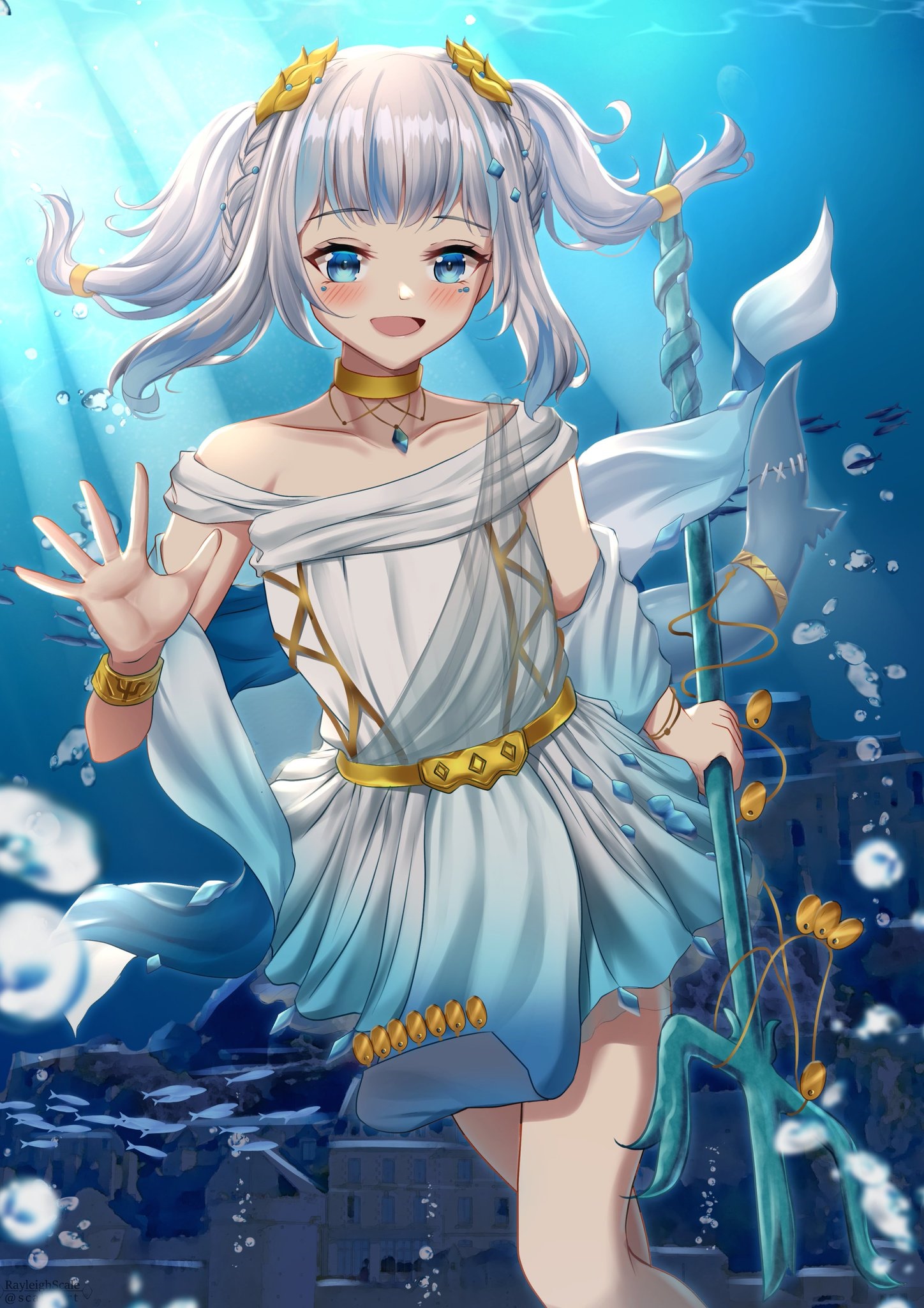 Gawr Gura underwater with a trident HD Phone Wallpaper