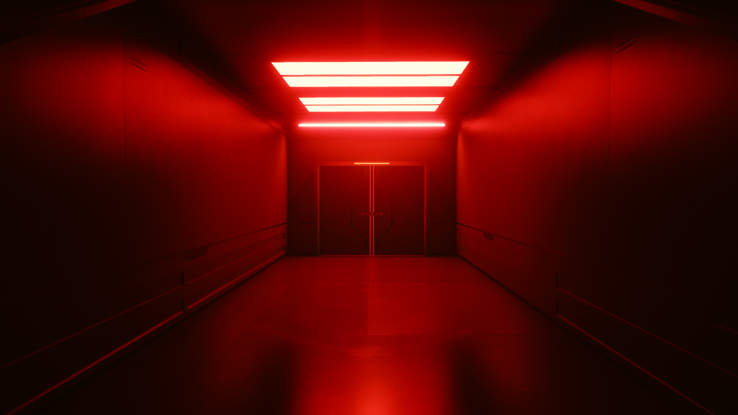 Cyberpunk 2077 hallway with red neon lights HD Wallpaper
