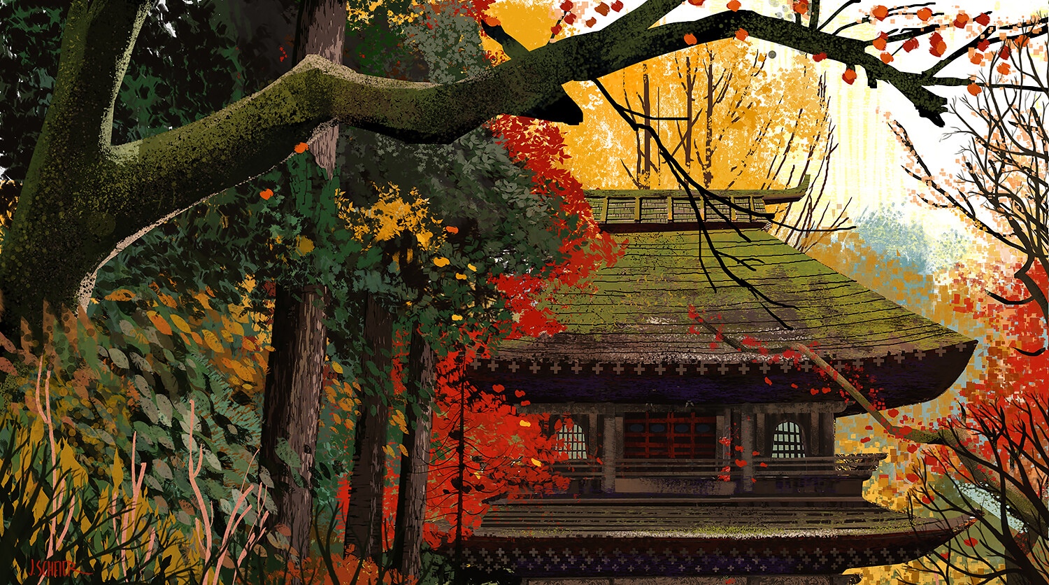 Japanese temple surrounded by autumn trees HD Wallpaper