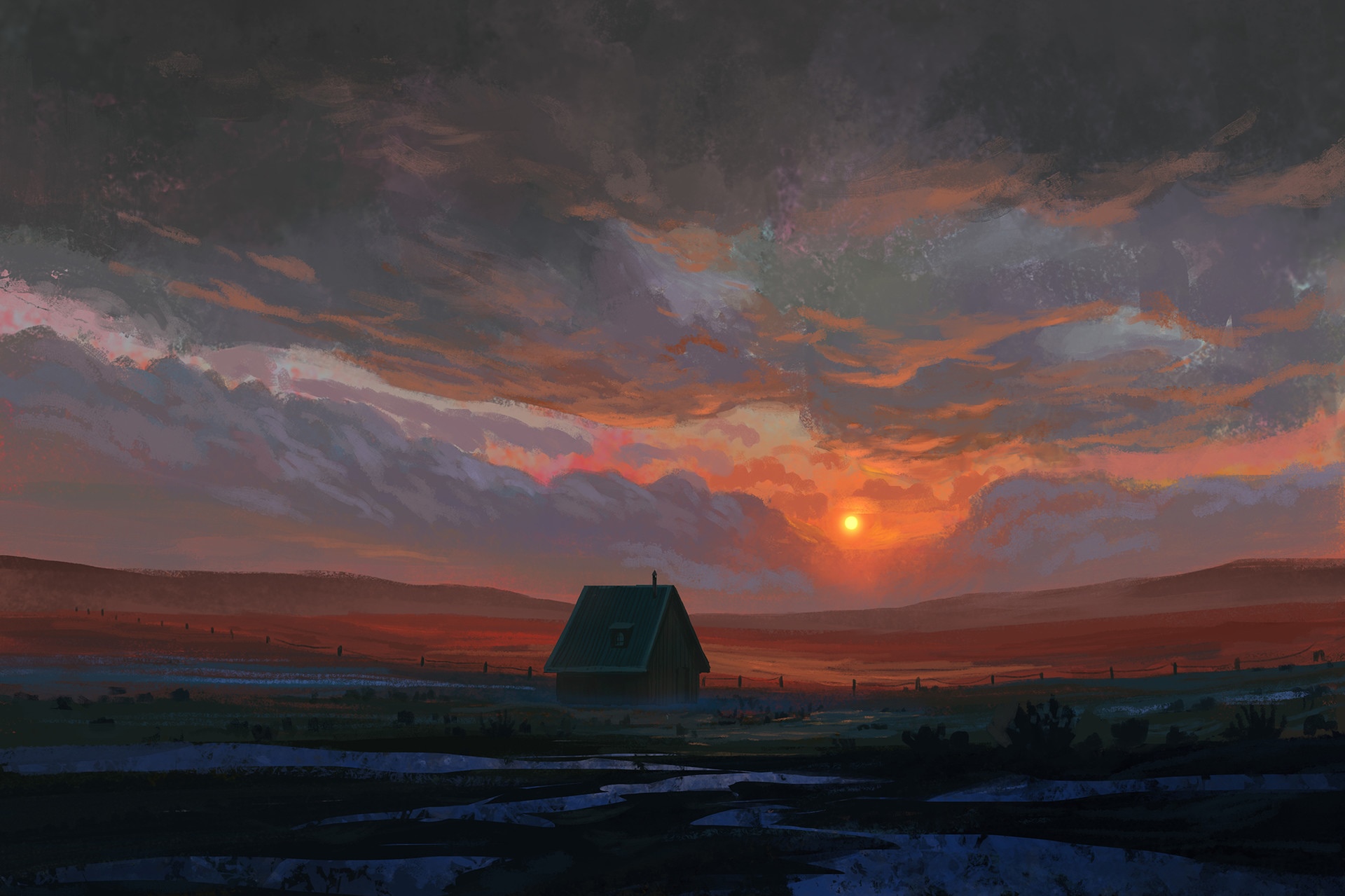 Sunset over a field with a small cabin HD Wallpaper