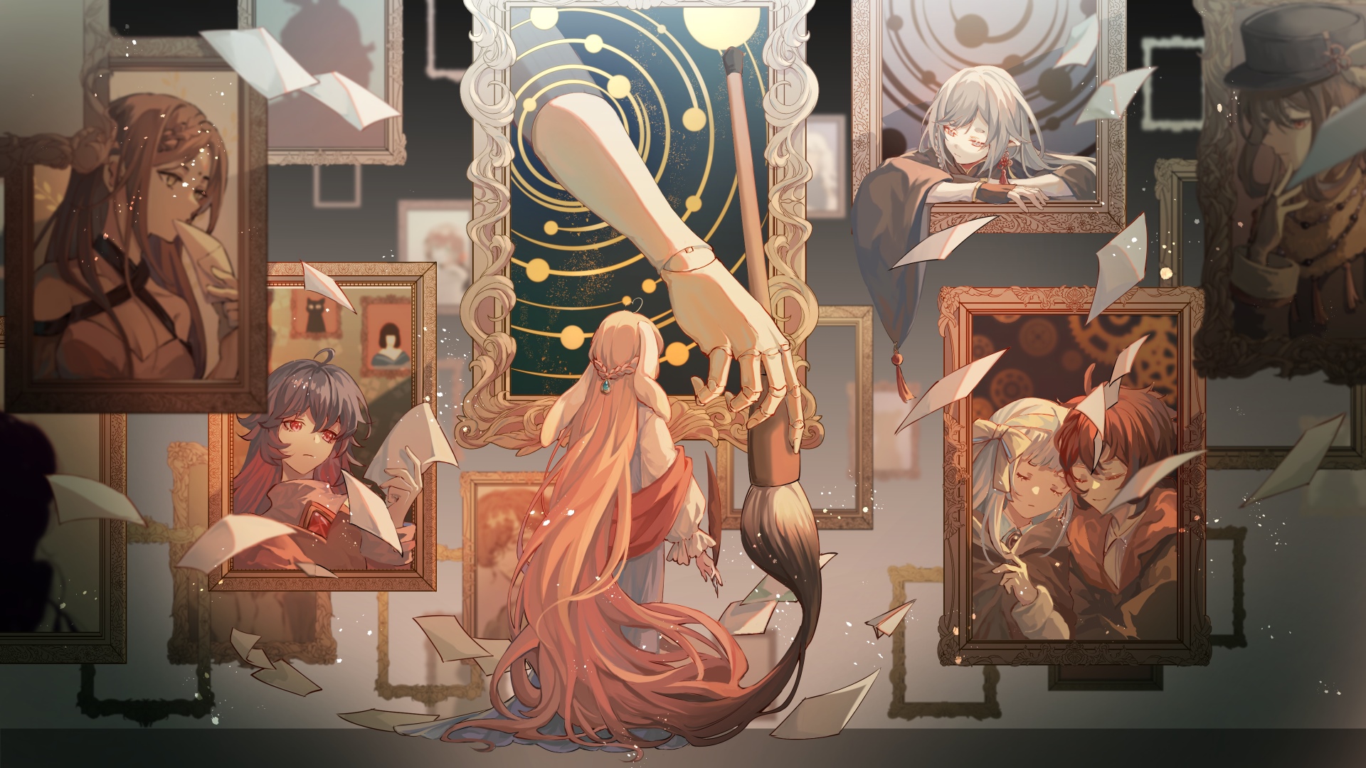 Anime characters in framed paintings with a giant hand painting HD Wallpaper