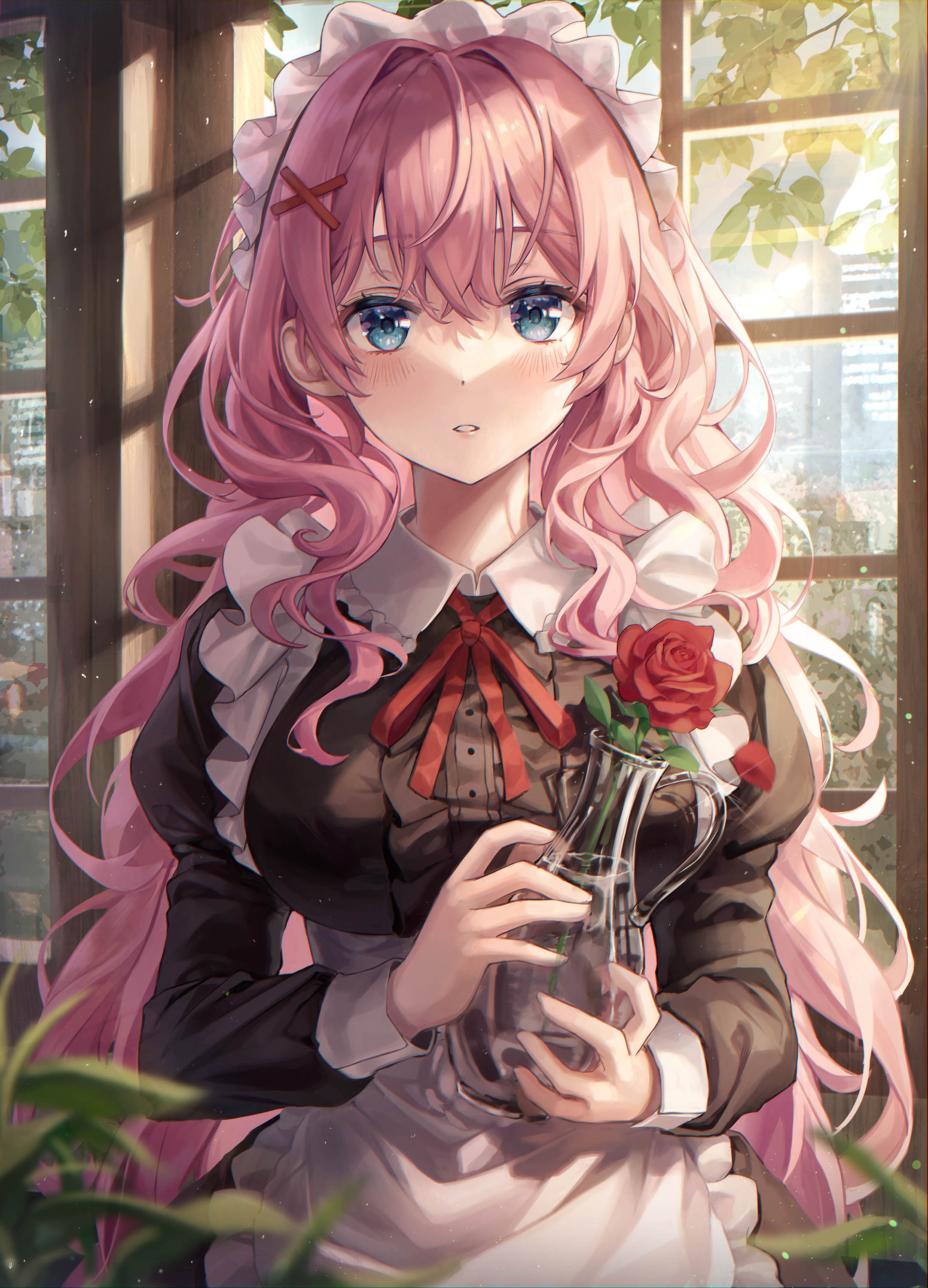 Aibek in a maid outfit holding a rose HD Phone Wallpaper