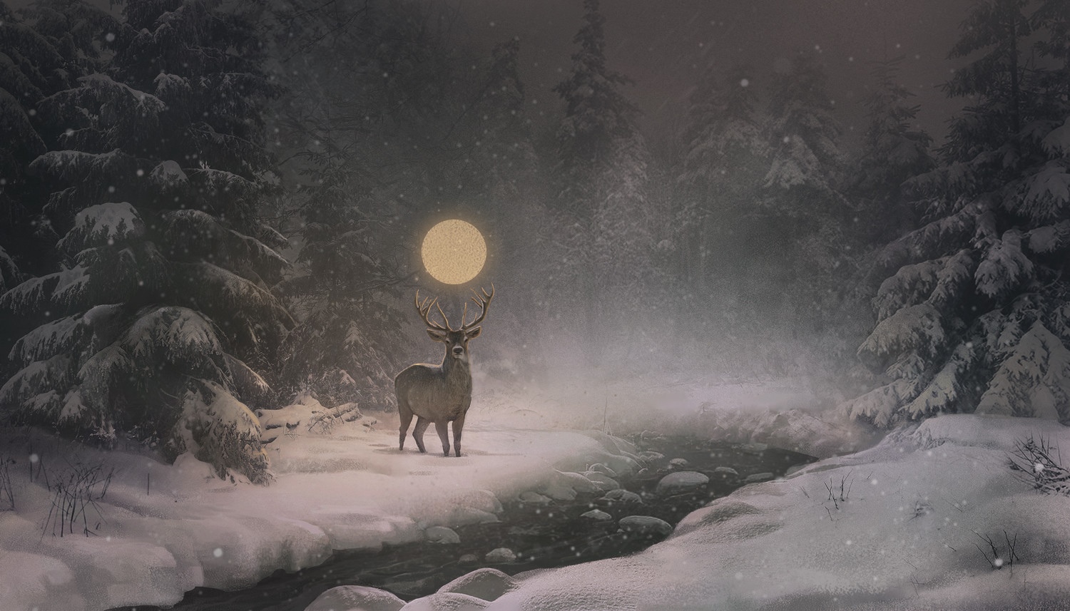 Deer in a snowy forest with a glowing moon HD Wallpaper