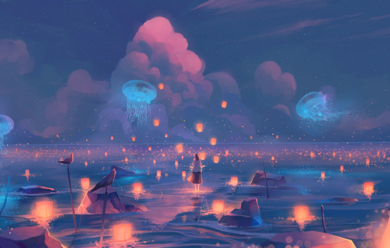 Jellyfish and lanterns float over a girl in the water HD Wallpaper