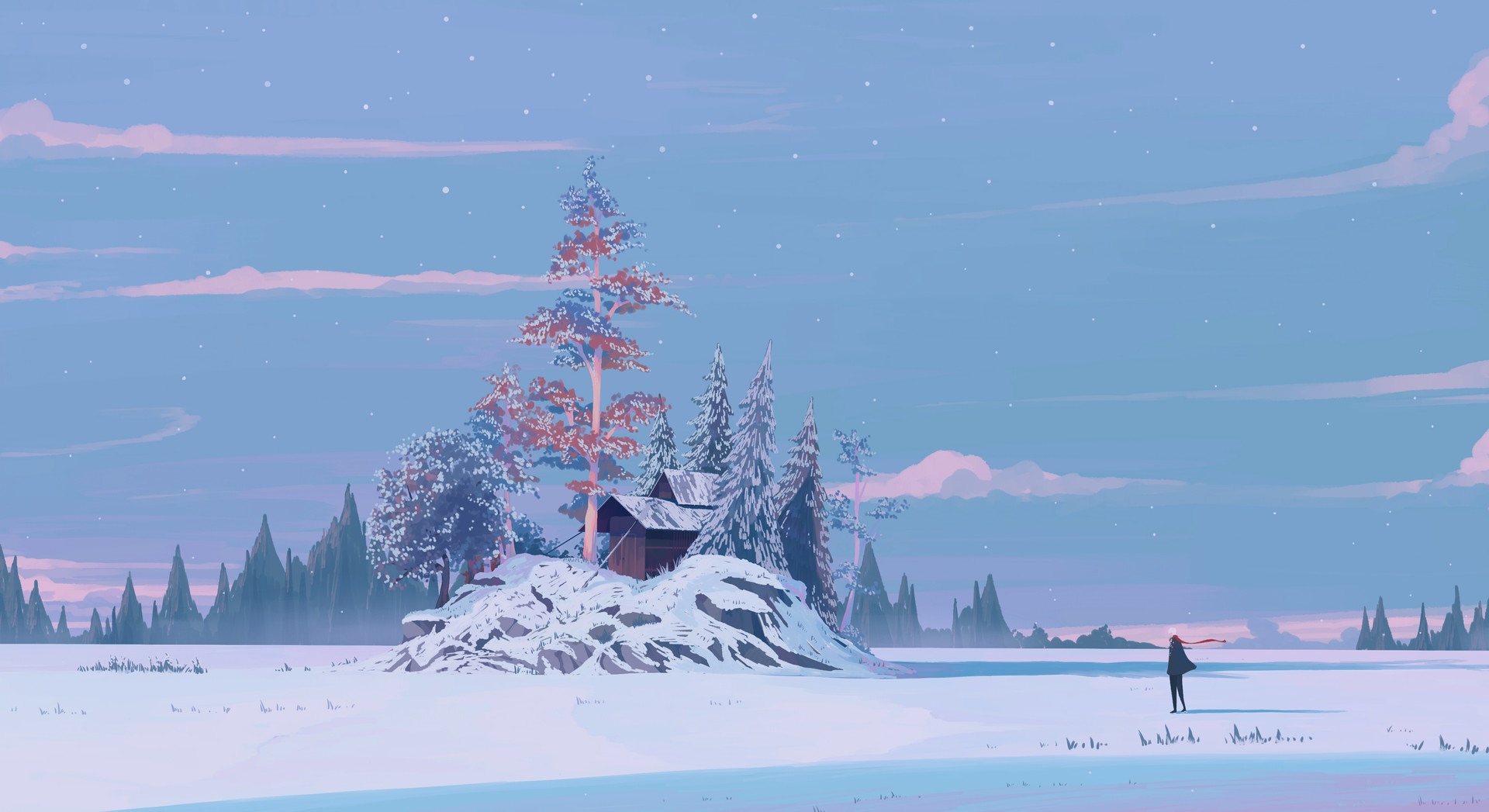 Winter landscape with a lone figure and a cabin HD Wallpaper