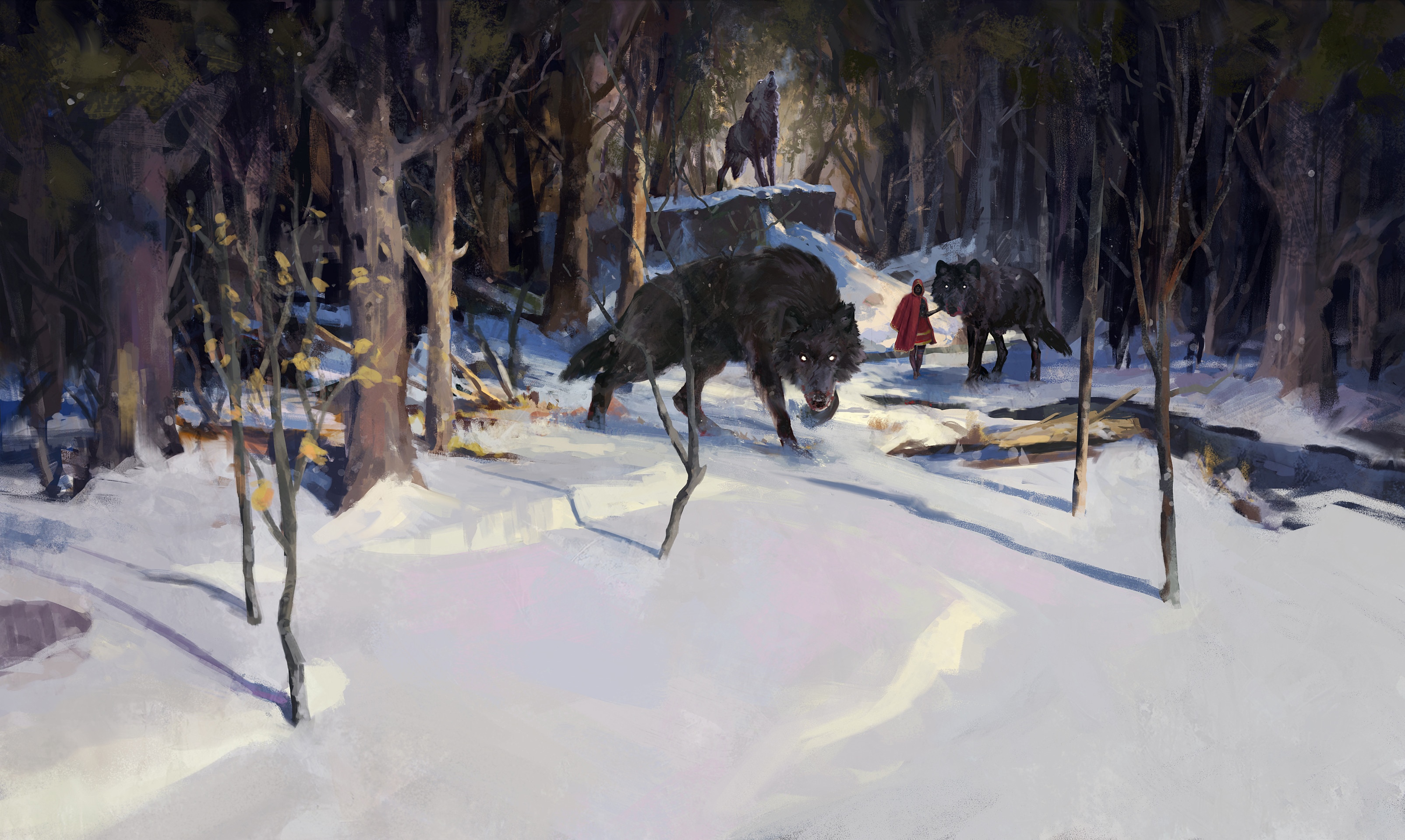 Little Red Riding Hood and wolves in a snowy forest HD Wallpaper