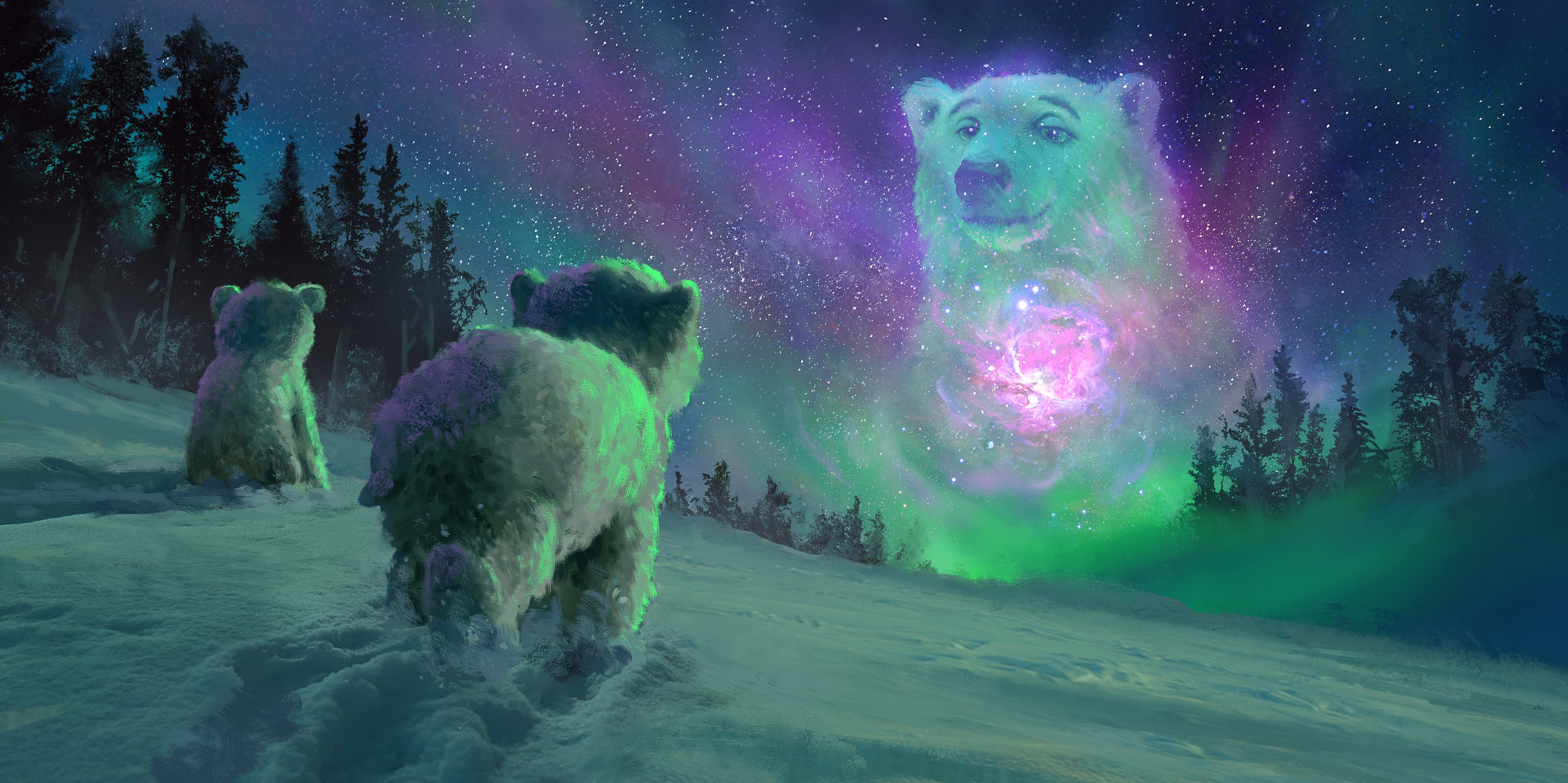 4K Winter Bears and Cosmic Bear HD Wallpaper