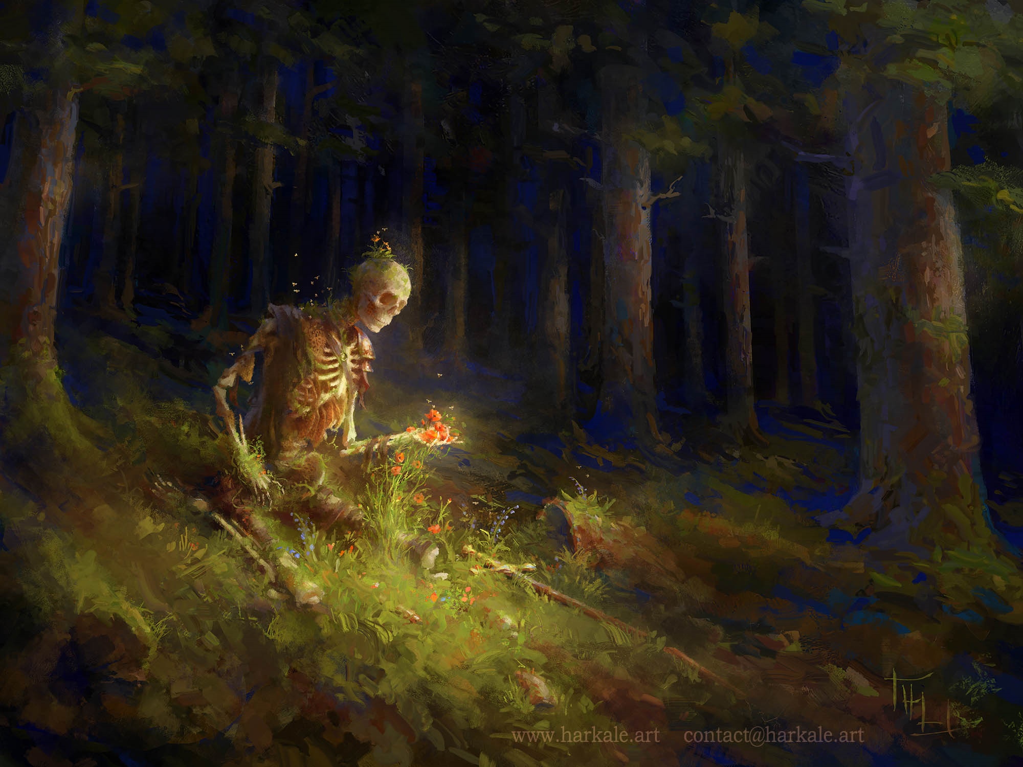 Skeleton in a dark forest holding flowers HD Wallpaper