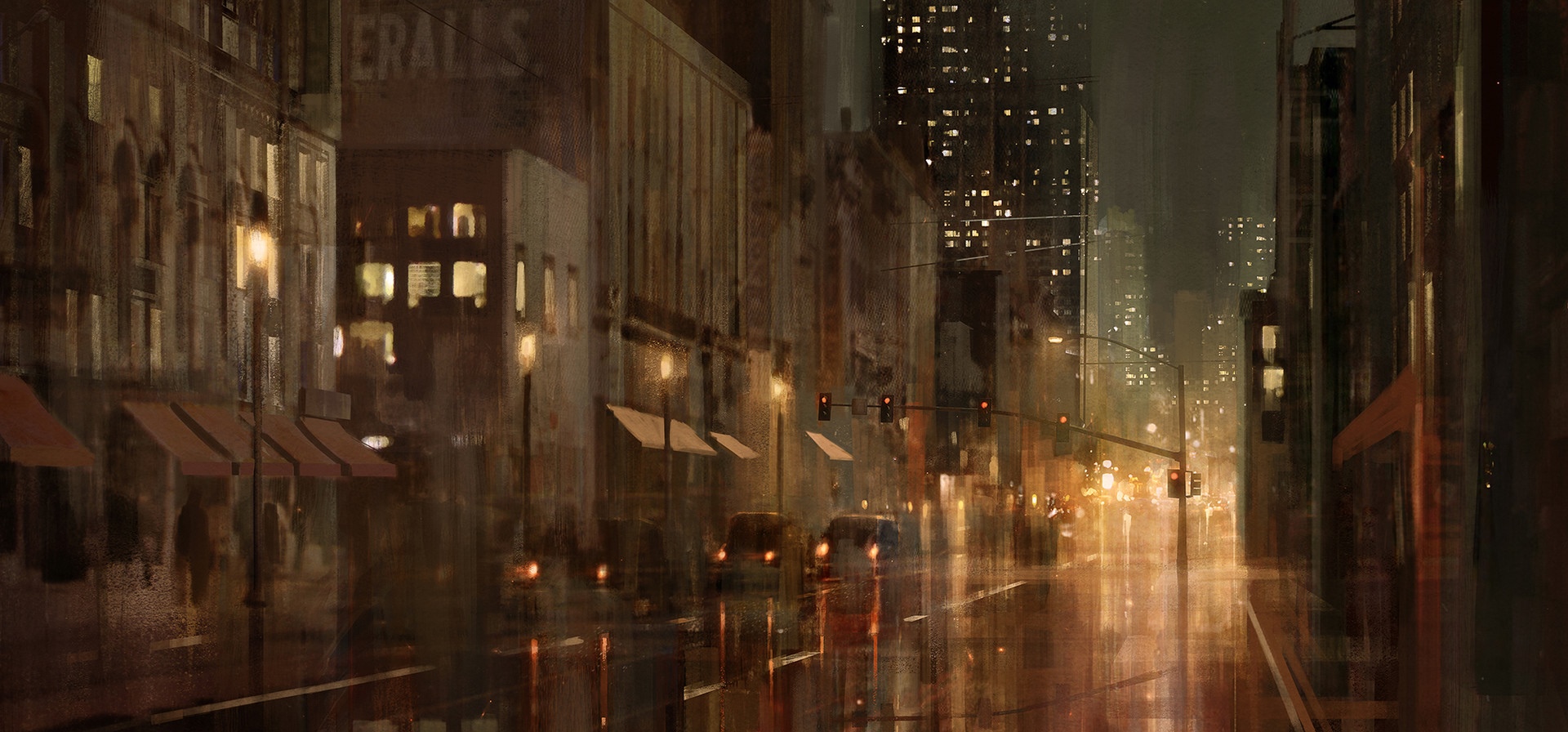 Nighttime cityscape with streetlights and traffic lights HD Wallpaper