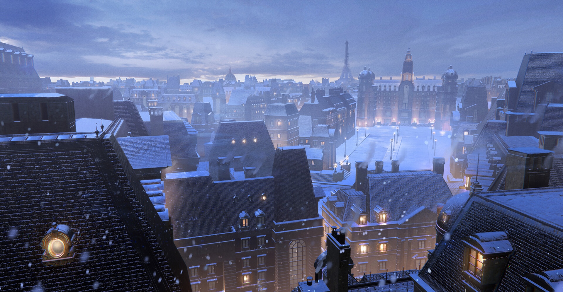 Paris rooftops in winter with Eiffel Tower HD Wallpaper