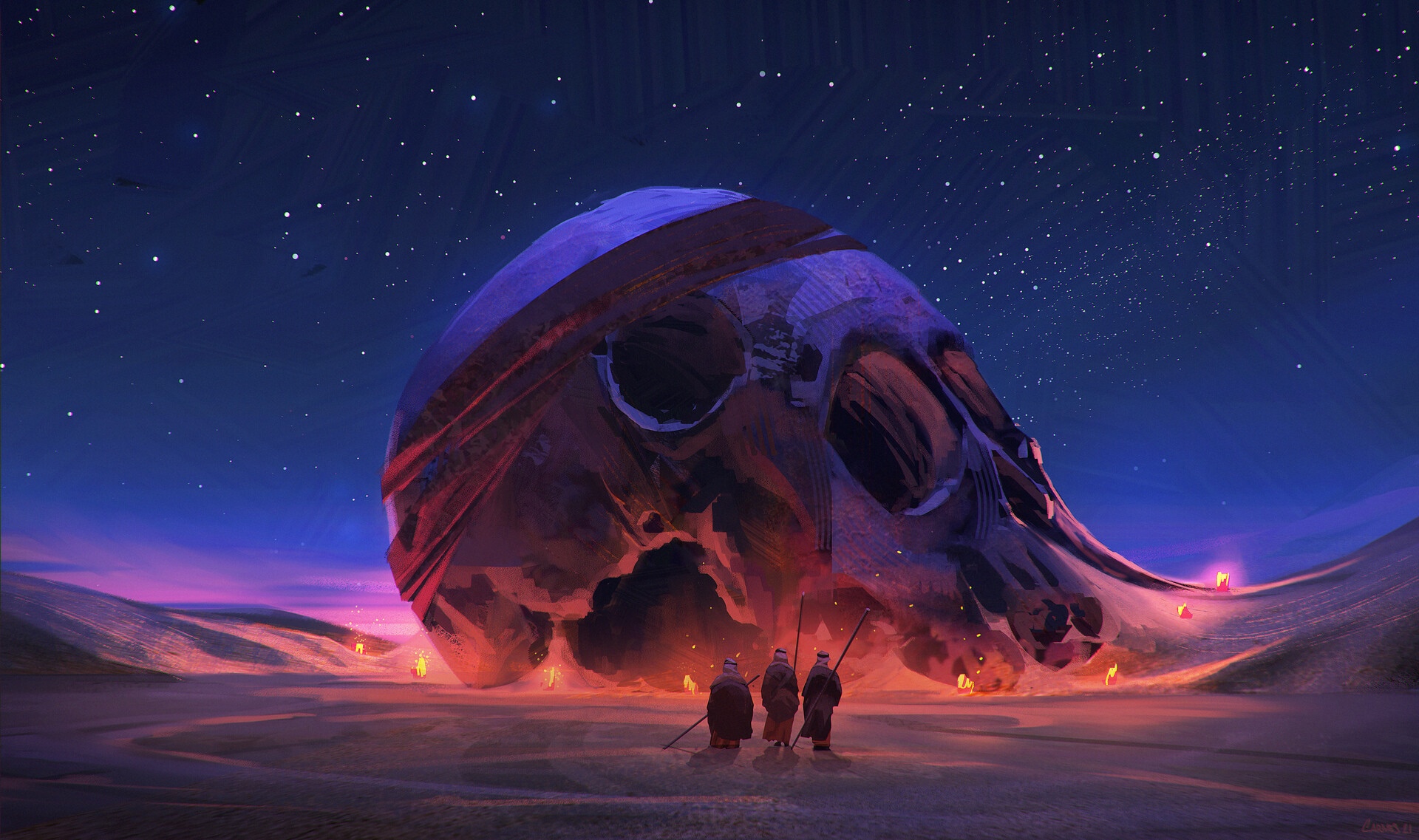 Giant skull in a desert under a starry night sky HD Wallpaper