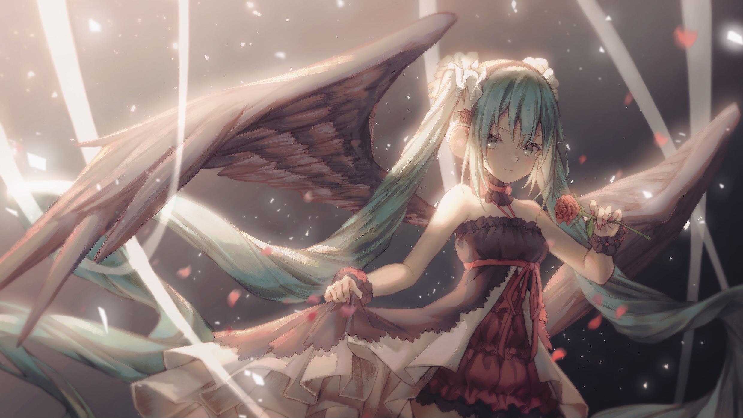 Hatsune Miku with Wings and Rose HD Wallpaper