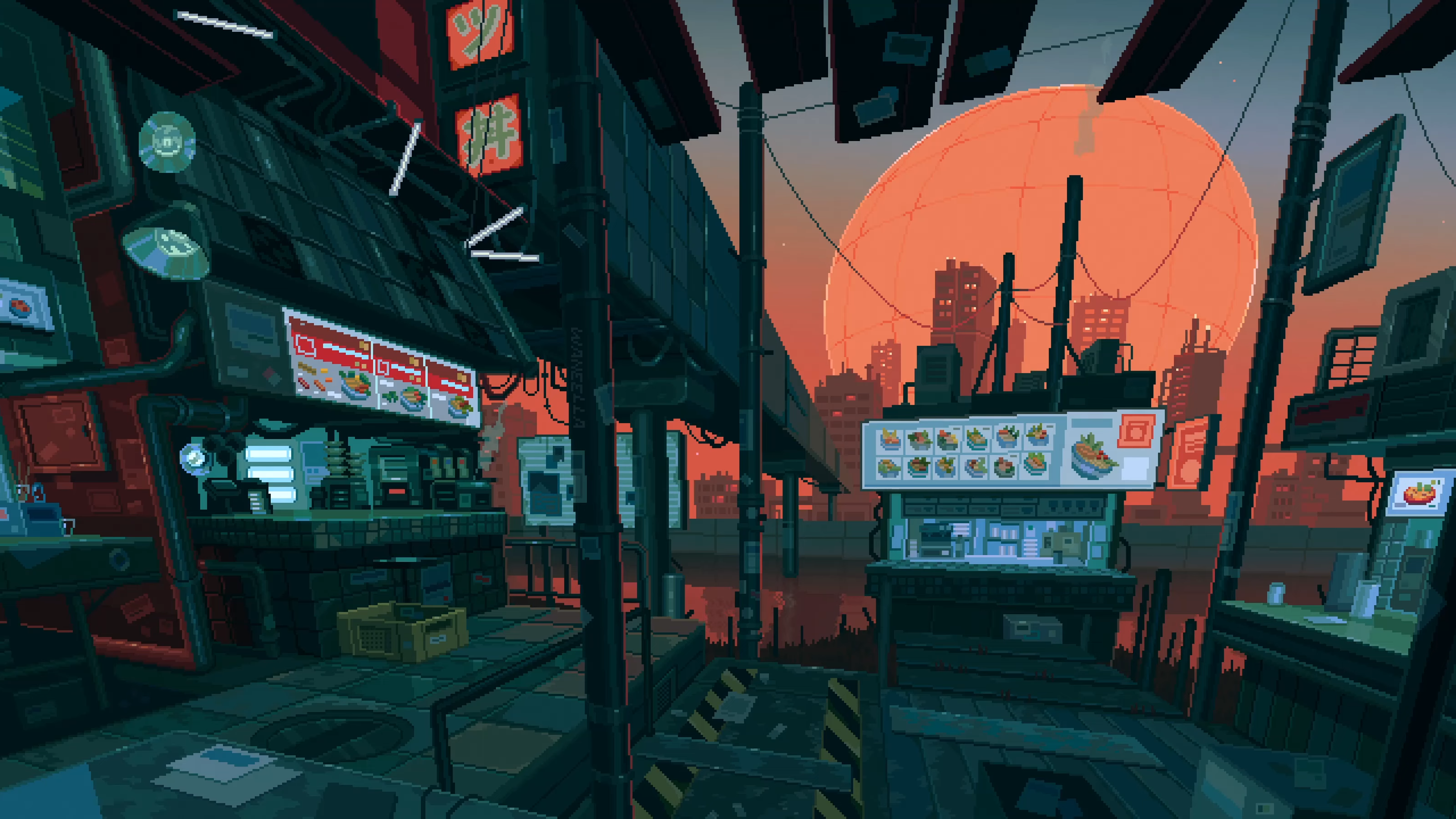 Cyberpunk pixel art city with food stalls at sunset HD Wallpaper