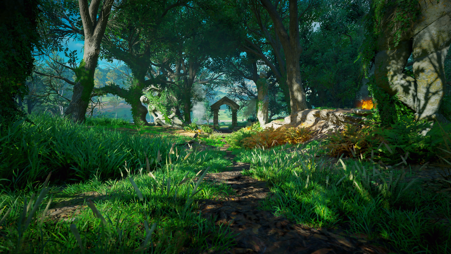 Assassin's Creed Valhalla forest landscape with stone archway HD Wallpaper
