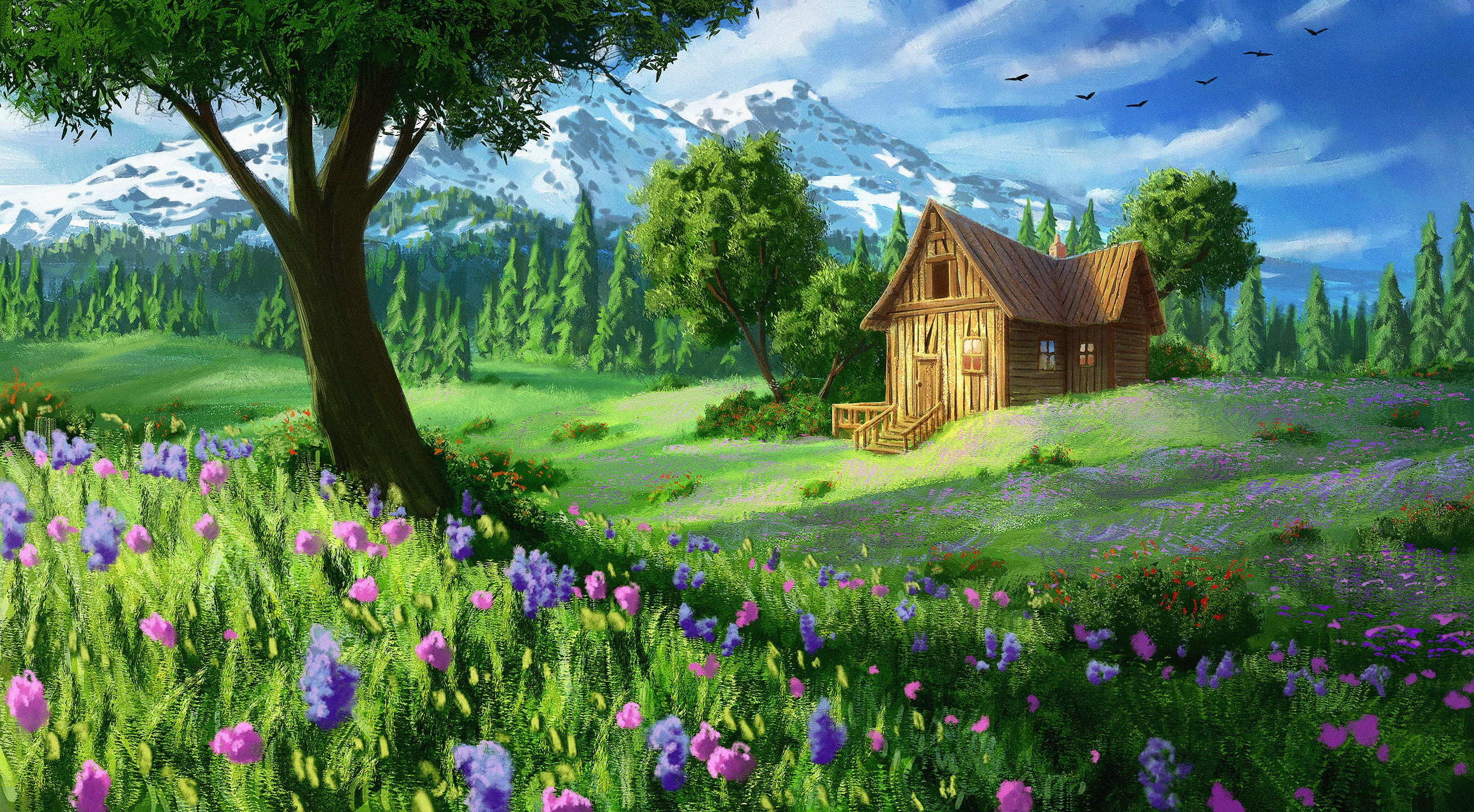 Wooden cabin in a mountain landscape with flowers HD Wallpaper