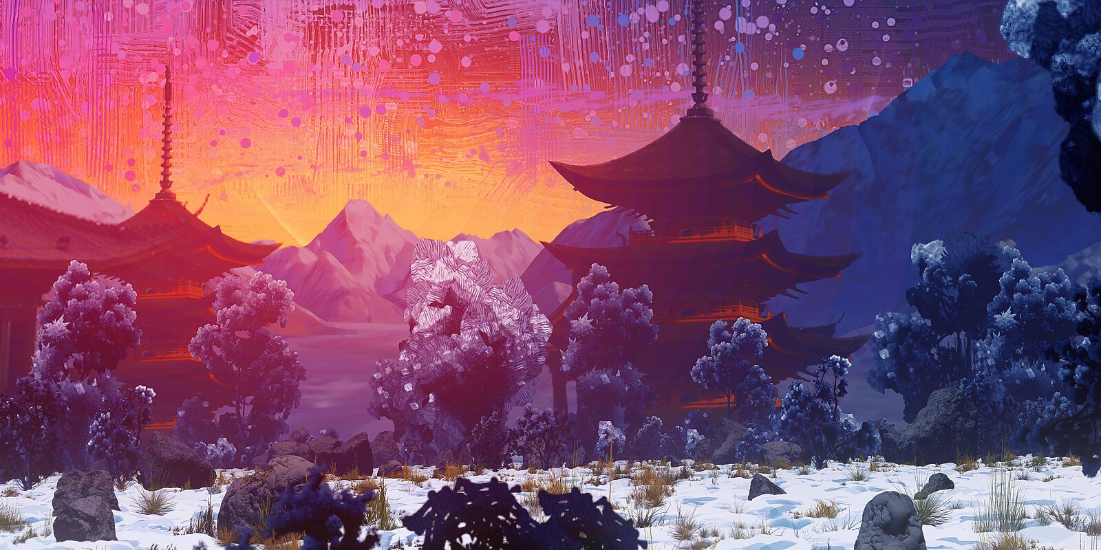 Asian architecture with pagodas and snowy mountains at sunset HD Wallpaper
