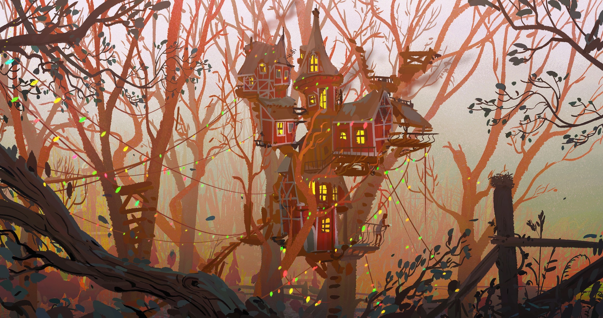 A whimsical treehouse village in a forest with fairy lights HD Wallpaper